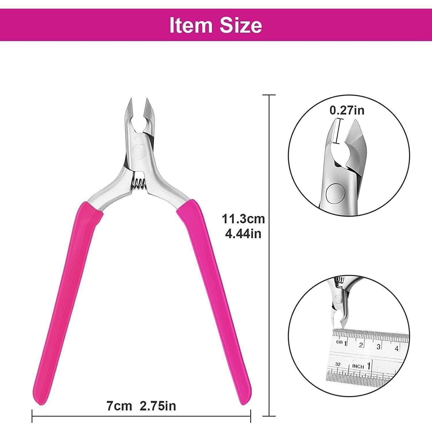 Diagramm von Nagelknipsern mit rosa Griffen mit der Bezeichnung „Artikelgröße