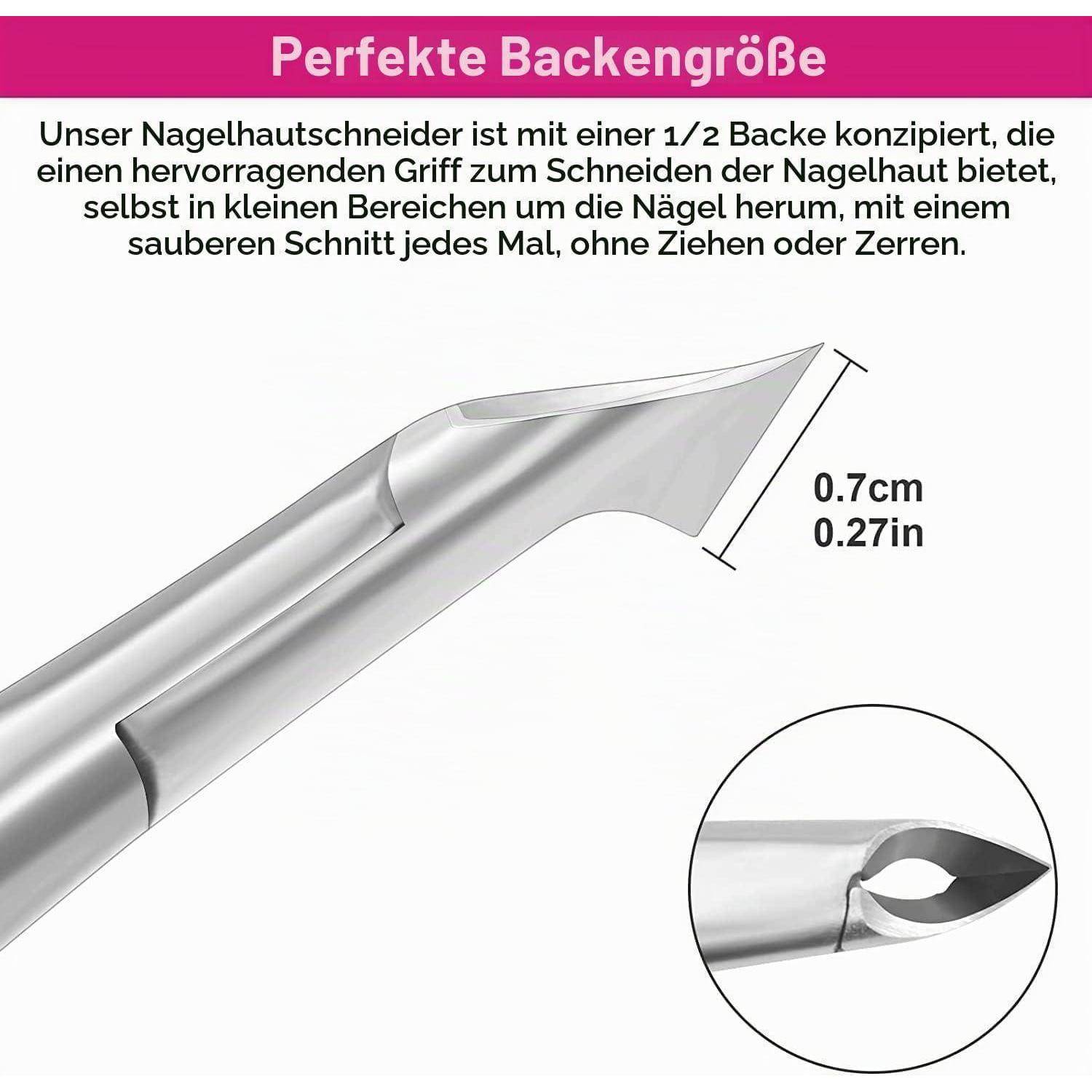 Diagramm einer Nagelkutikulazange mit dem Text „Perfekte Backengröße