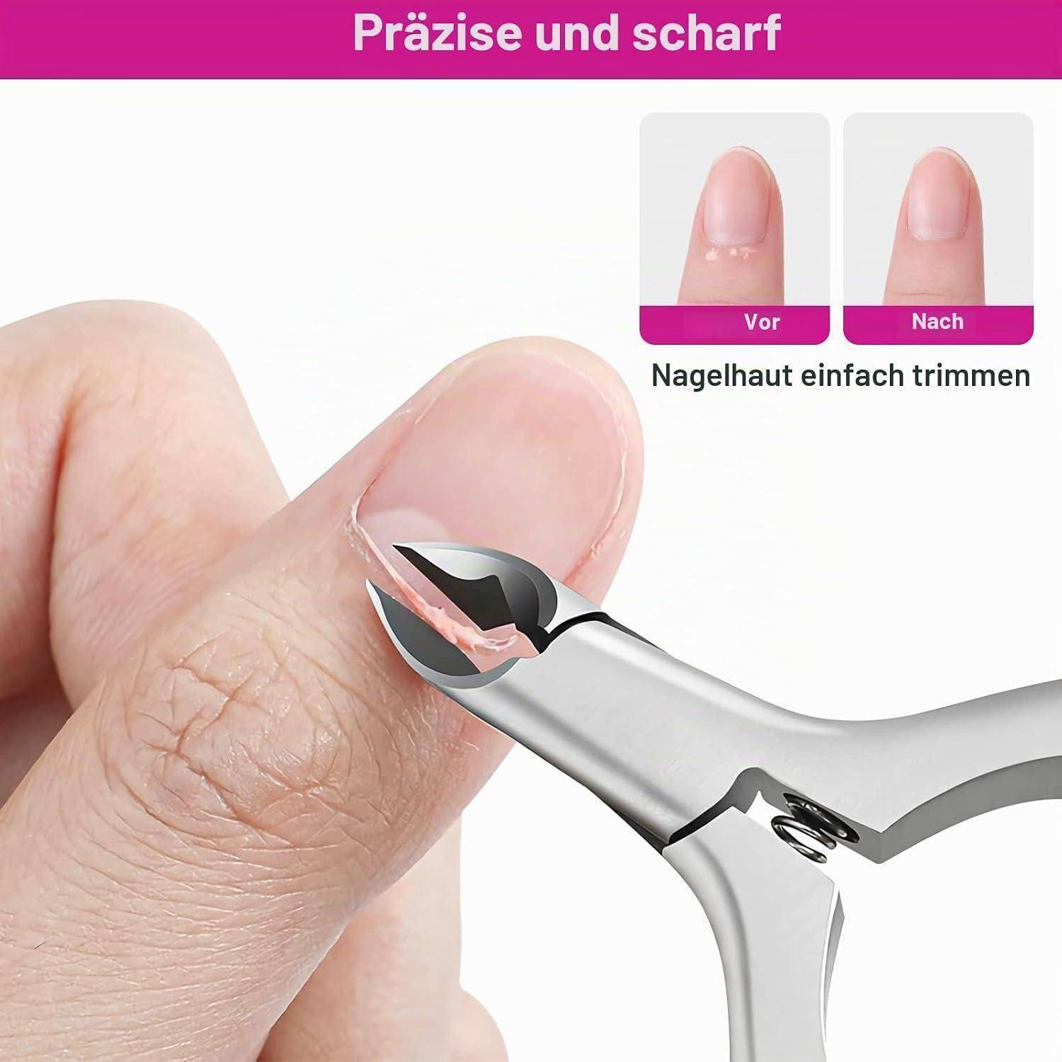 Nahaufnahme einer Nagelschere, die einen Fingernagel schneidet, mit eingefügten Vorher-Nachher-Bildern mit den Beschriftungen 