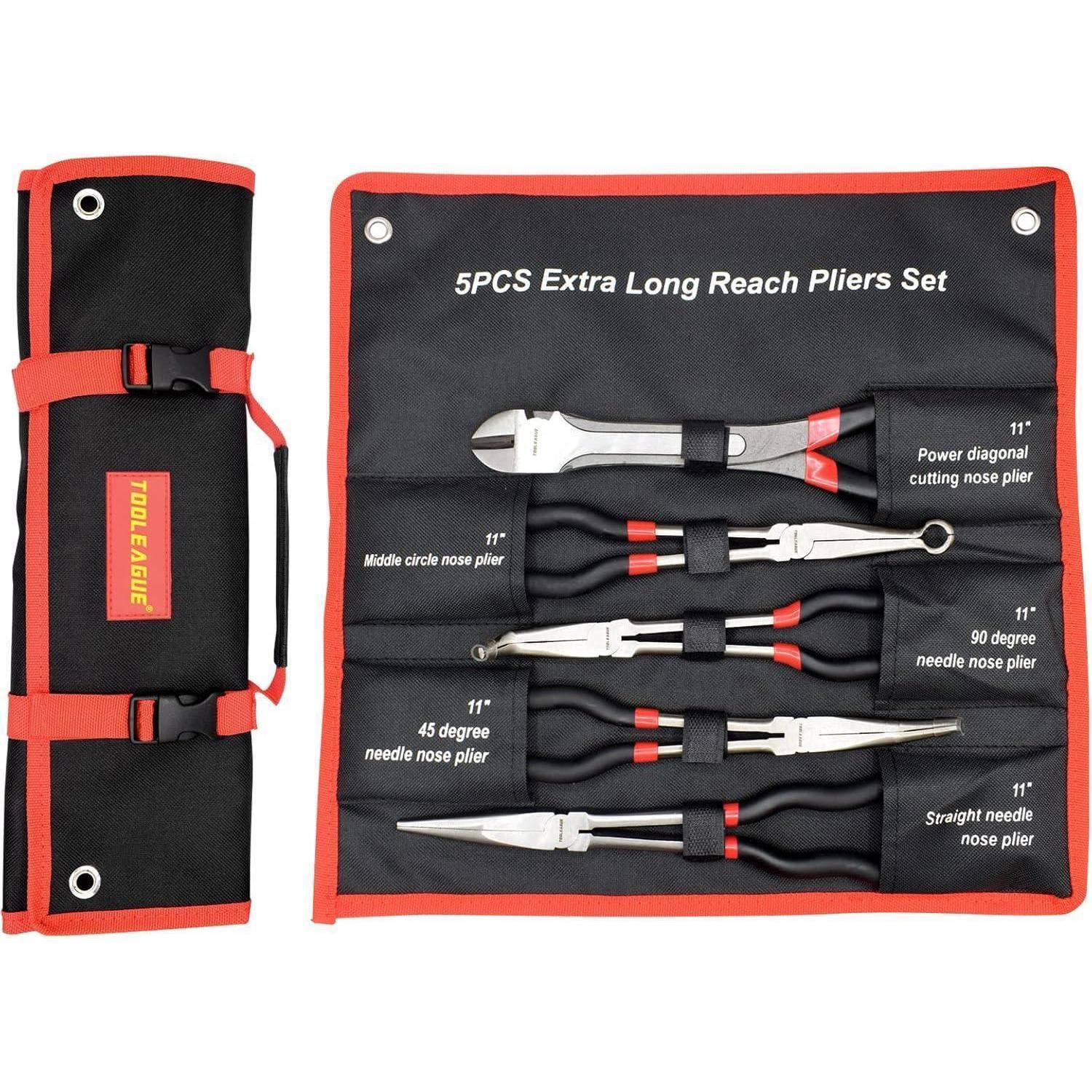 Fünfteiliger Satz extra-langer Zangenzangen in einem schwarz-roten Rolltasche mit beschrifteten Spitz- und Schneidezangen, angeordnet nach Typ und Winkel.