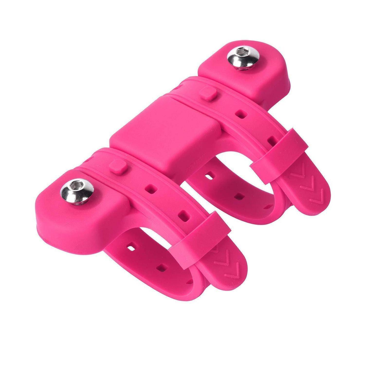 Leuchtend rosa verstellbare Silikon-Handgelenk- und Fußgelenkgewichte mit Metallschraubenkappen, isoliert auf weißem Hintergrund dargestellt.