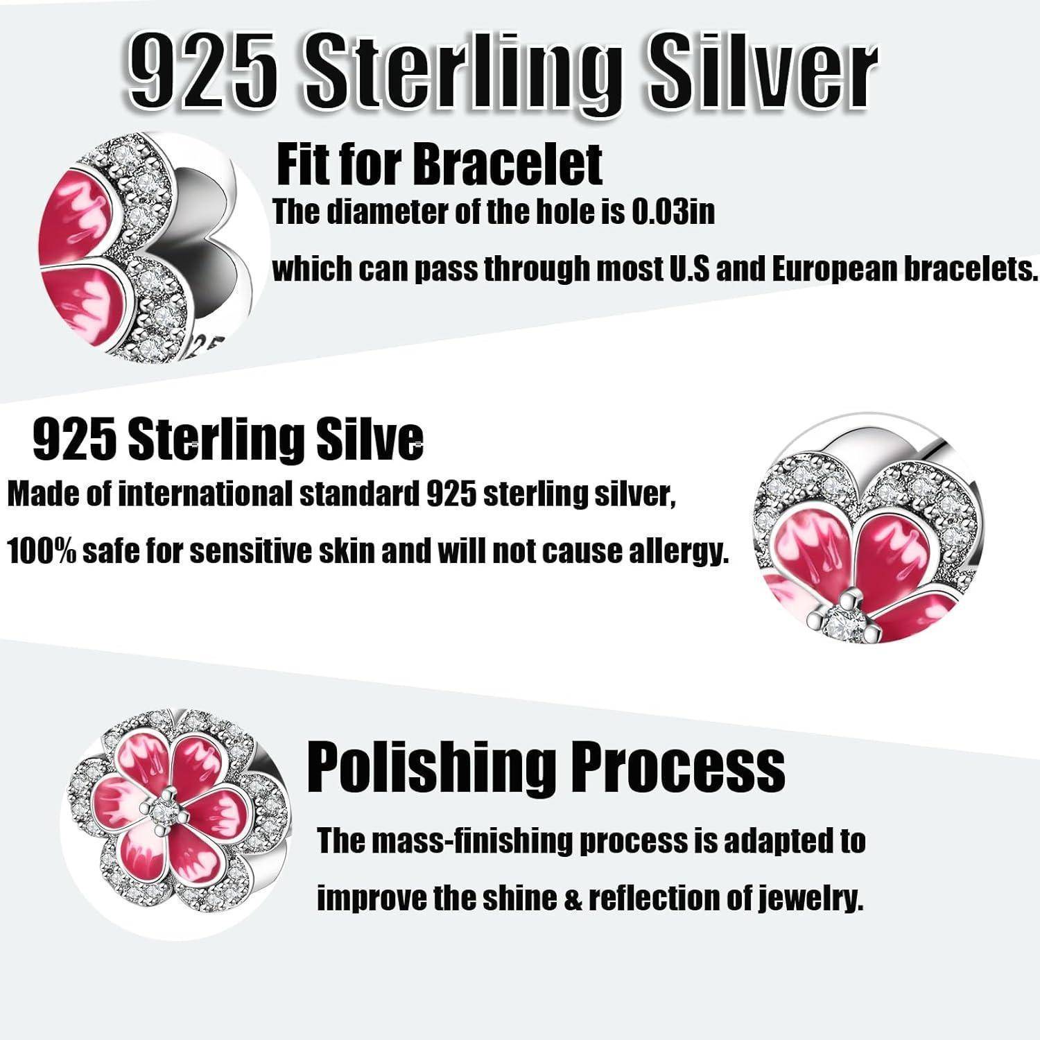 Infografik zur Bewerbung von Armbandbehängen aus 925er Sterlingsilber, die zeigt, dass sie für die meisten Armbänder geeignet sind, aus hypoallergener Material bestehen und einem Polierverfahren unterzogen werden, das den Glanz verbessert.