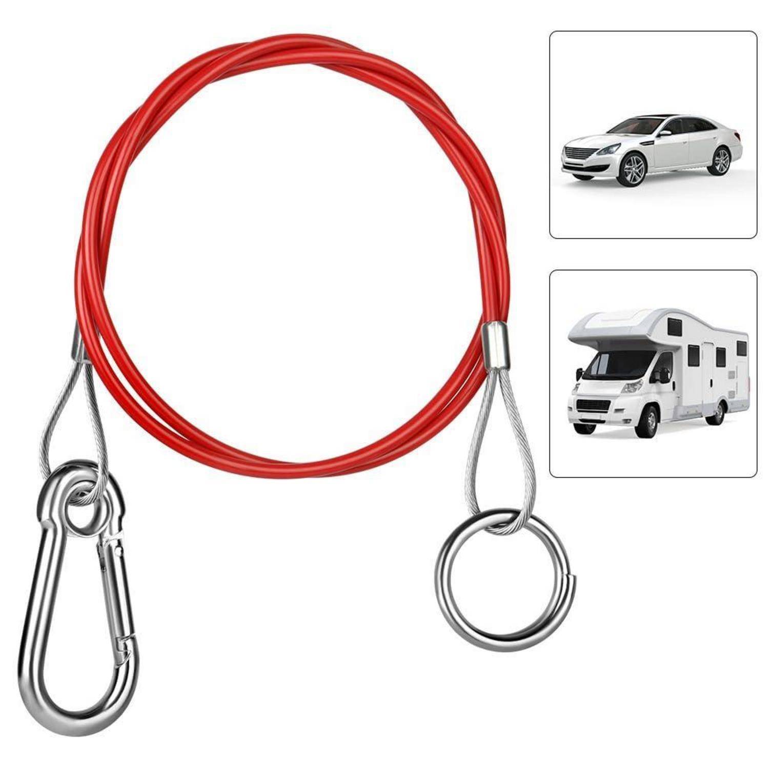 Rotes Abschleppseil mit Metallhaken und Ring, gezeigt für das Abschleppen von Fahrzeugen; eingefügte Bilder zeigen ein Auto und einen Wohnwagen.