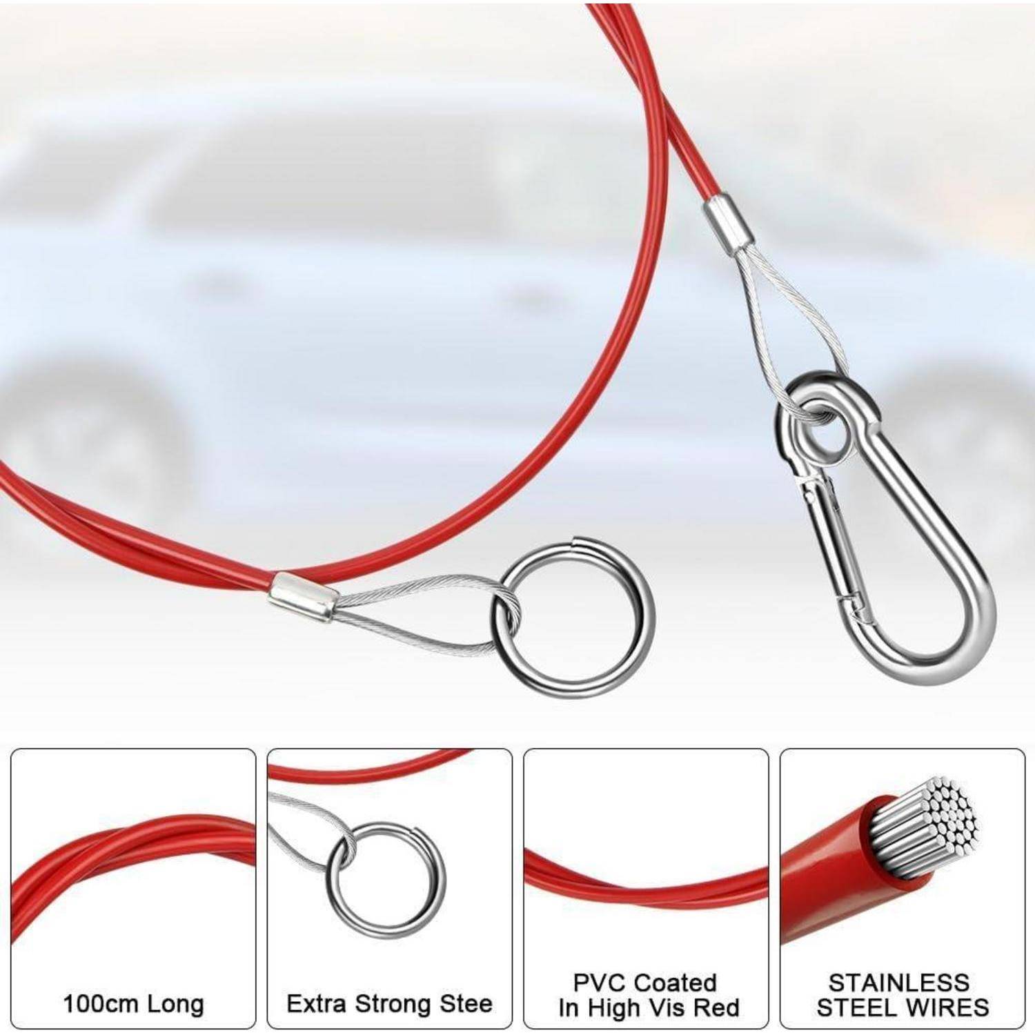 Rotes PVC-beschichtetes Stahlseil mit Schleifenenden und Karabinerhaken; Ausschnitt zeigt 100 cm Länge, extra starker Stahl, PVC-Beschichtung, Edelstahlseil.