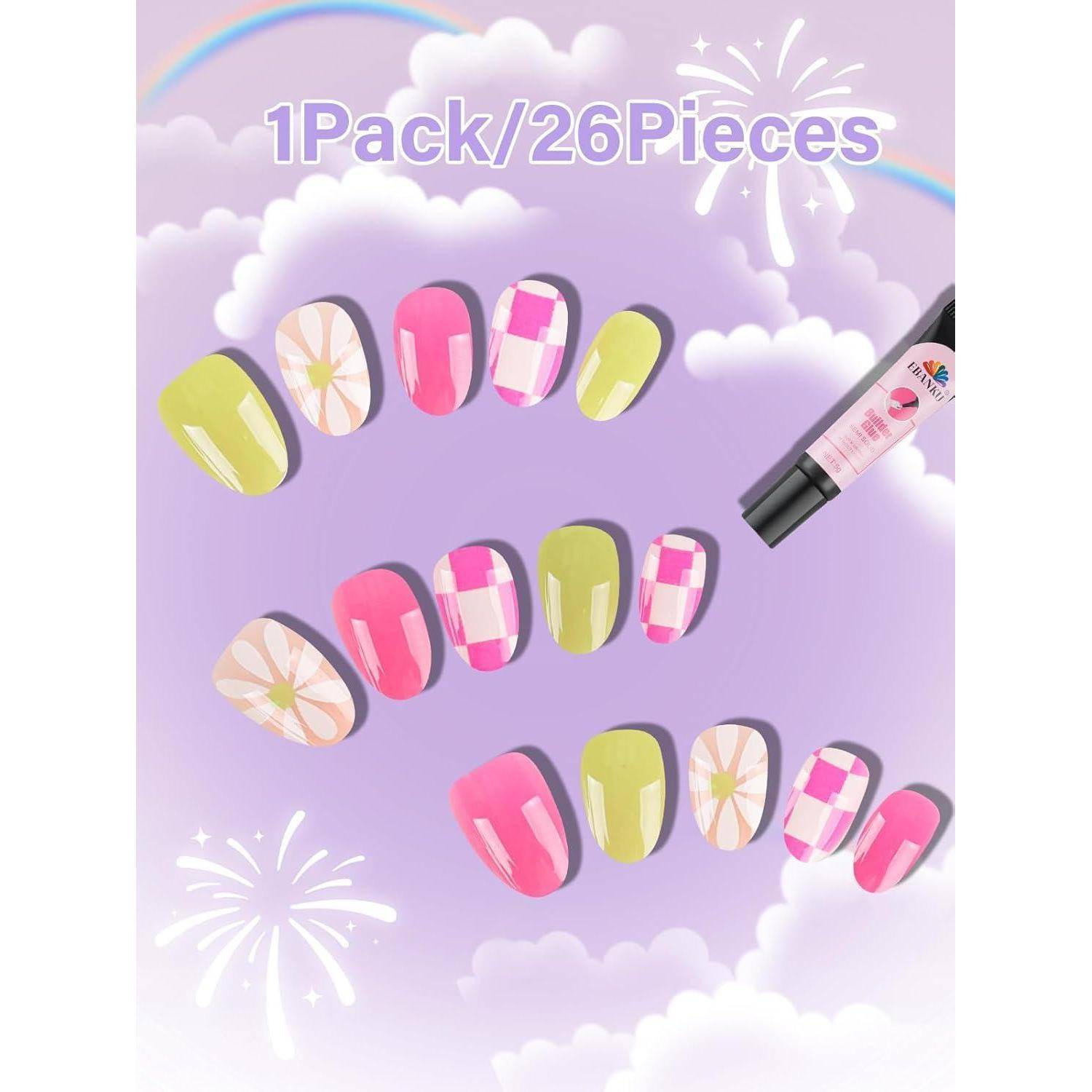 Produktbild zeigt 1 Packung/26 Teile selbstklebende Nägel in bunten Farben mit rosa, lime und floralen Designs, plus eine Tube Nagelkleber auf violettem Wolkenhintergrund.