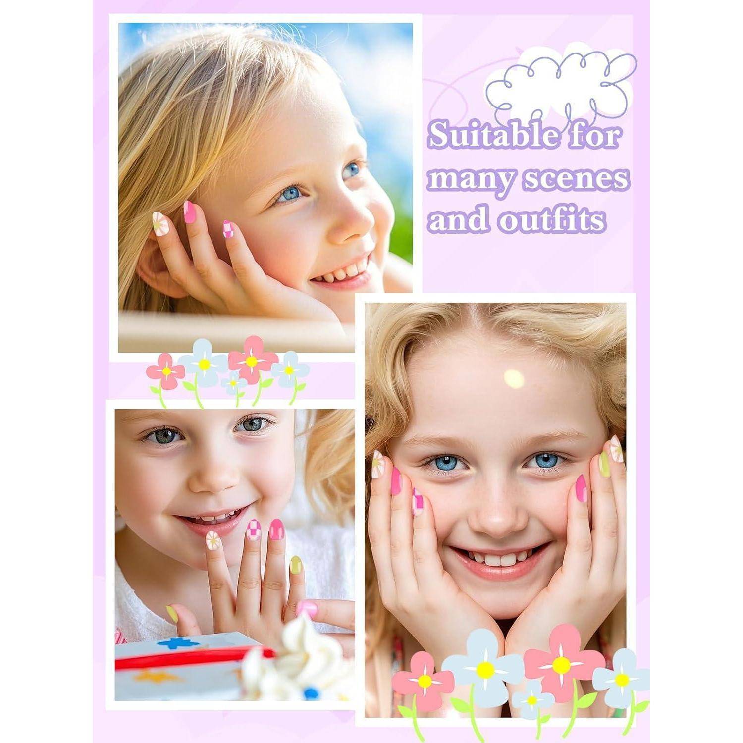 Collage eines lächelnden jungen Mädchens mit rosa und floraler Nagelkunst, mit dem Text „Geeignet für viele Szenen und Outfits