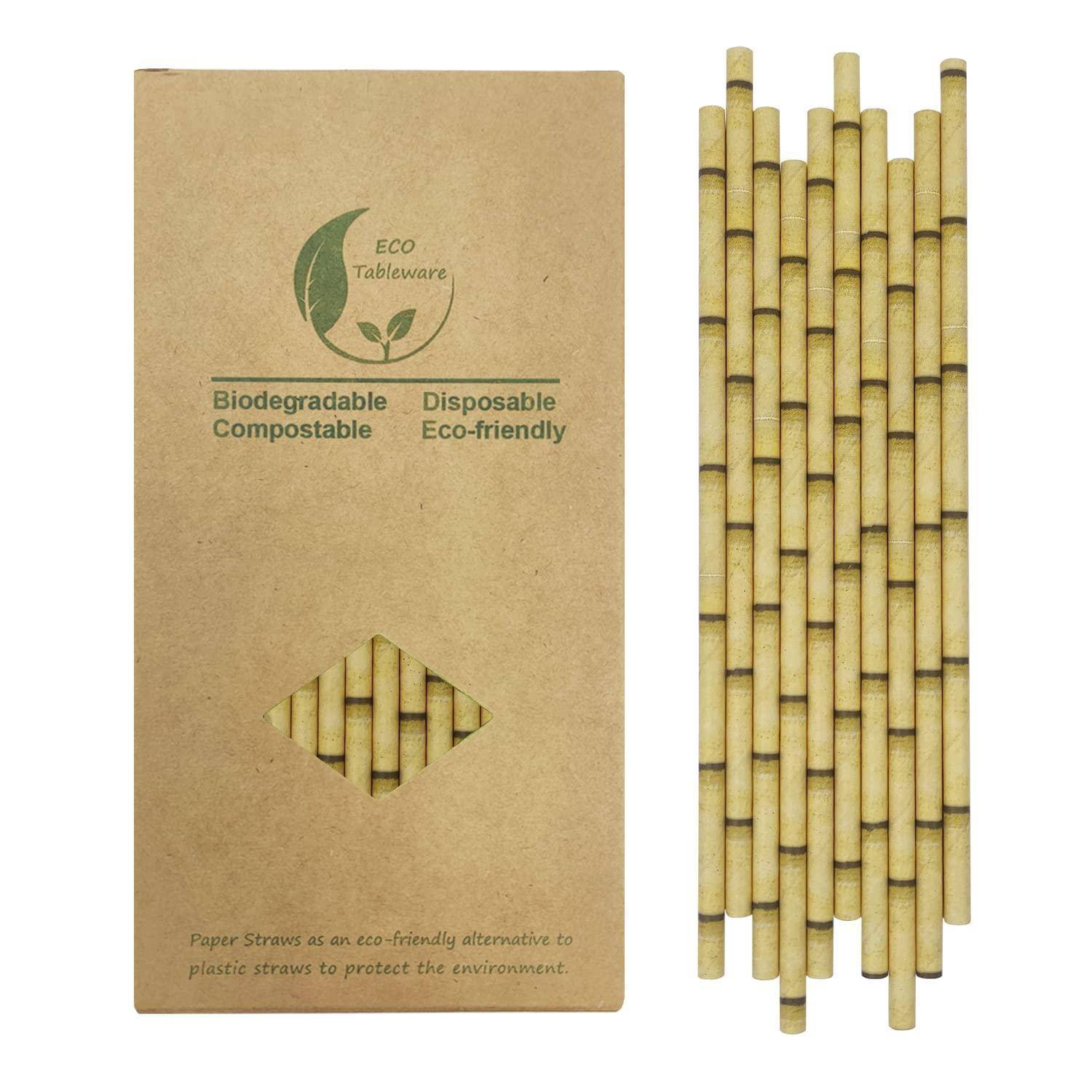 Braune umweltfreundliche Papierstrohhalm-Verpackung mit den Aufschriften „Biologisch abbaubar