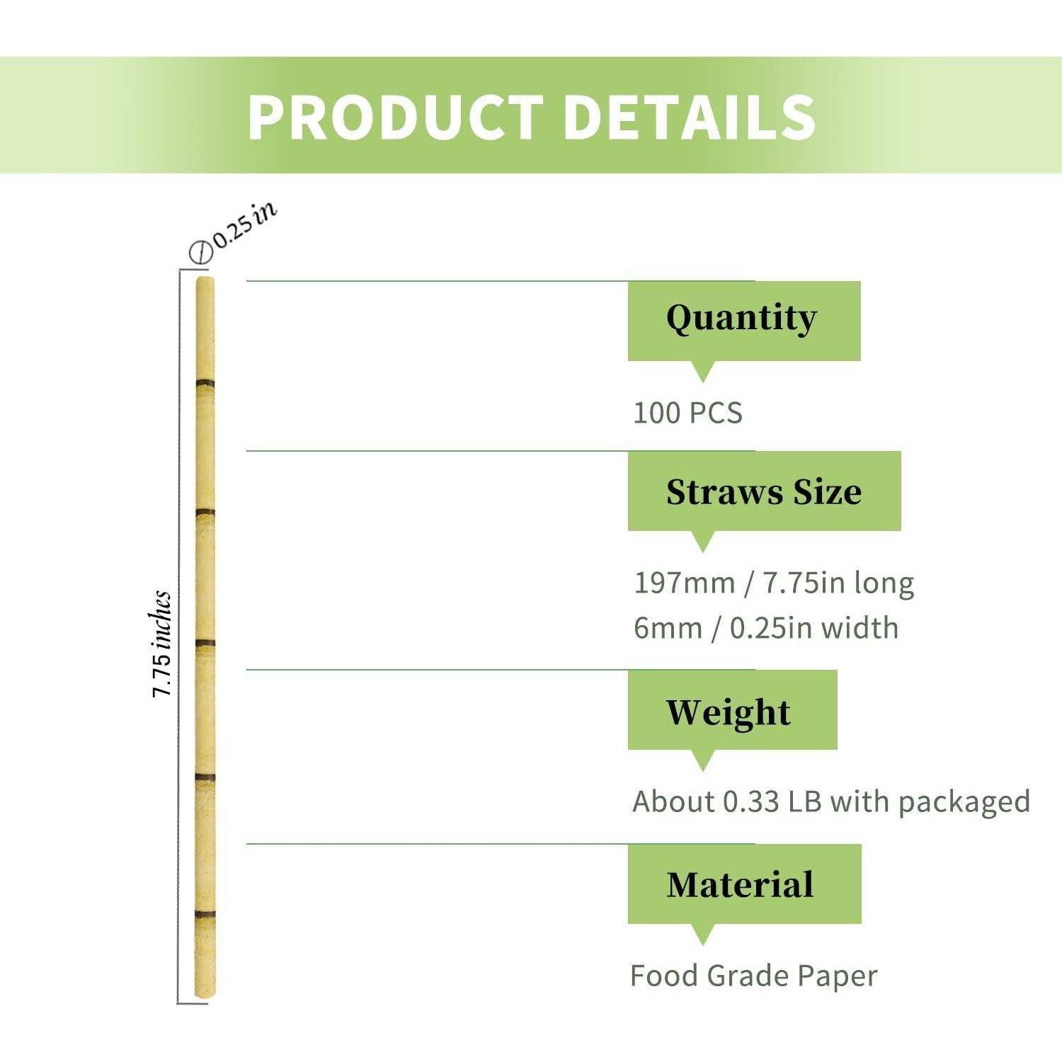 Produktdetails für Papierstrohhalme: 100 Stück, 7,75 Zoll lang und 0,25 Zoll breit, etwa 0,33 lb verpackt, Papier in Lebensmittelqualität.