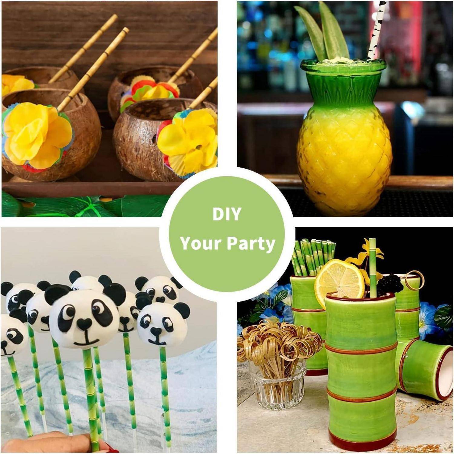 Collage mit DIY-Partydrink-Ideen: dekorierte Kokosnusskokosschalen, ein Ananasgetränk, pandamusterierte Strohhalme und grüne bambusstilisierte Becher mit Garnituren; Text in der Mitte sagt „DIY Your Party".