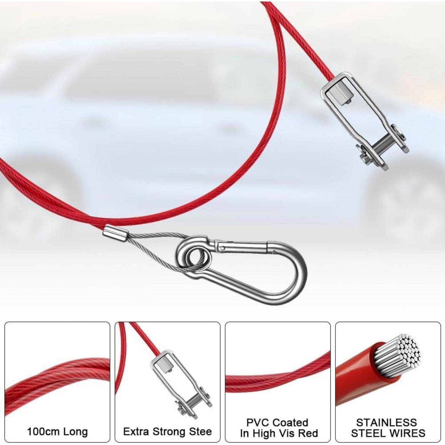 Illustration eines roten Stahlseils mit einer Klemme und einem Karabiner, plus Nahaufnahmen, die die 100-cm-Länge, PVC-Beschichtung und den Edelstahldraht-Kern zeigen.