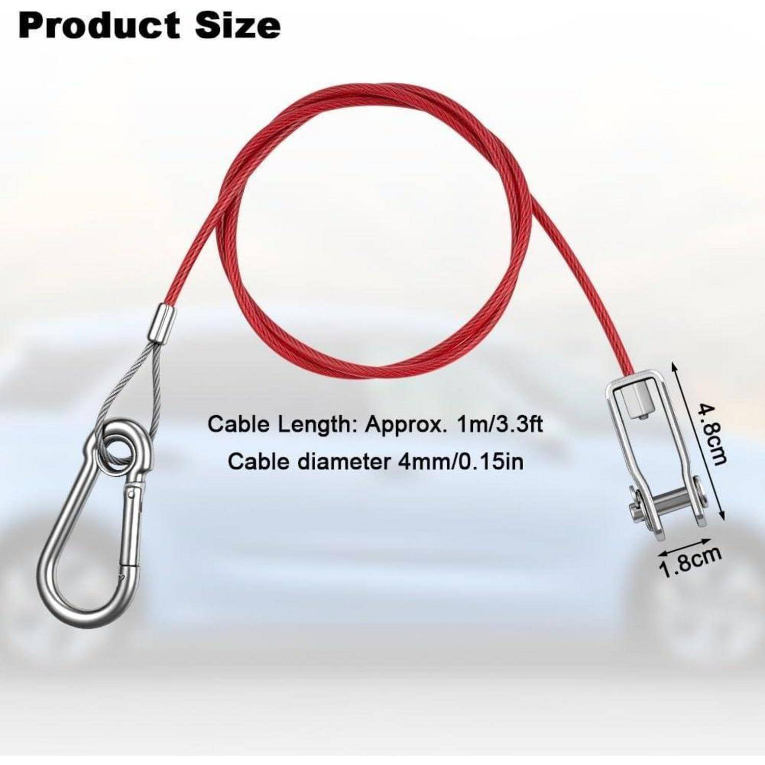 Produktgrößen-Diagramm eines roten Kabelschlosses mit Karabiner, das eine Kabellänge von ca. 1m/3,3ft, einen Durchmesser von 4mm/0,15in und Schlossdimensionen von 4,8cm x 1,8cm zeigt.