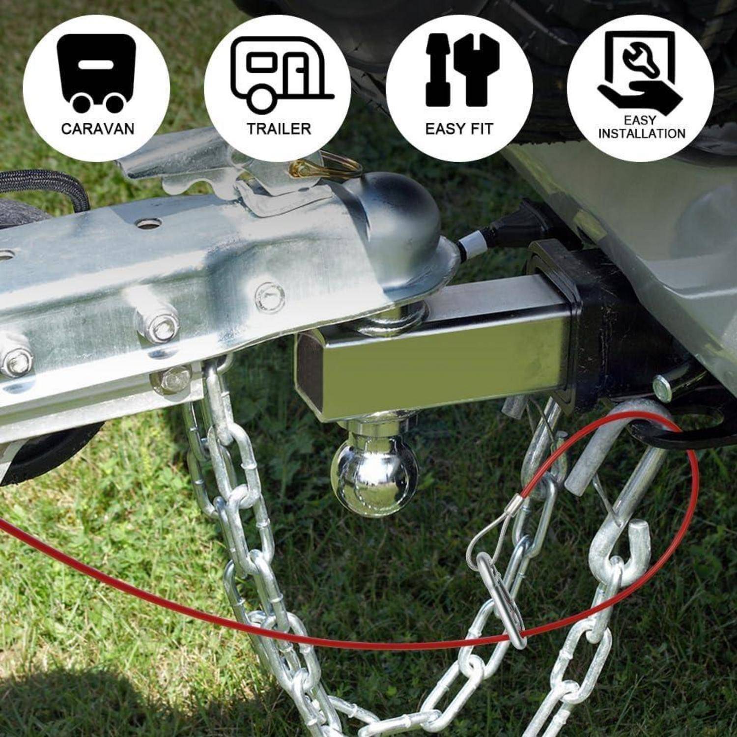 Wohnwagen-Anhängerkupplung mit Sicherungsketten und Kugelkopfkupplung, gekennzeichnet mit einfacher Montage und einfacher Installation.