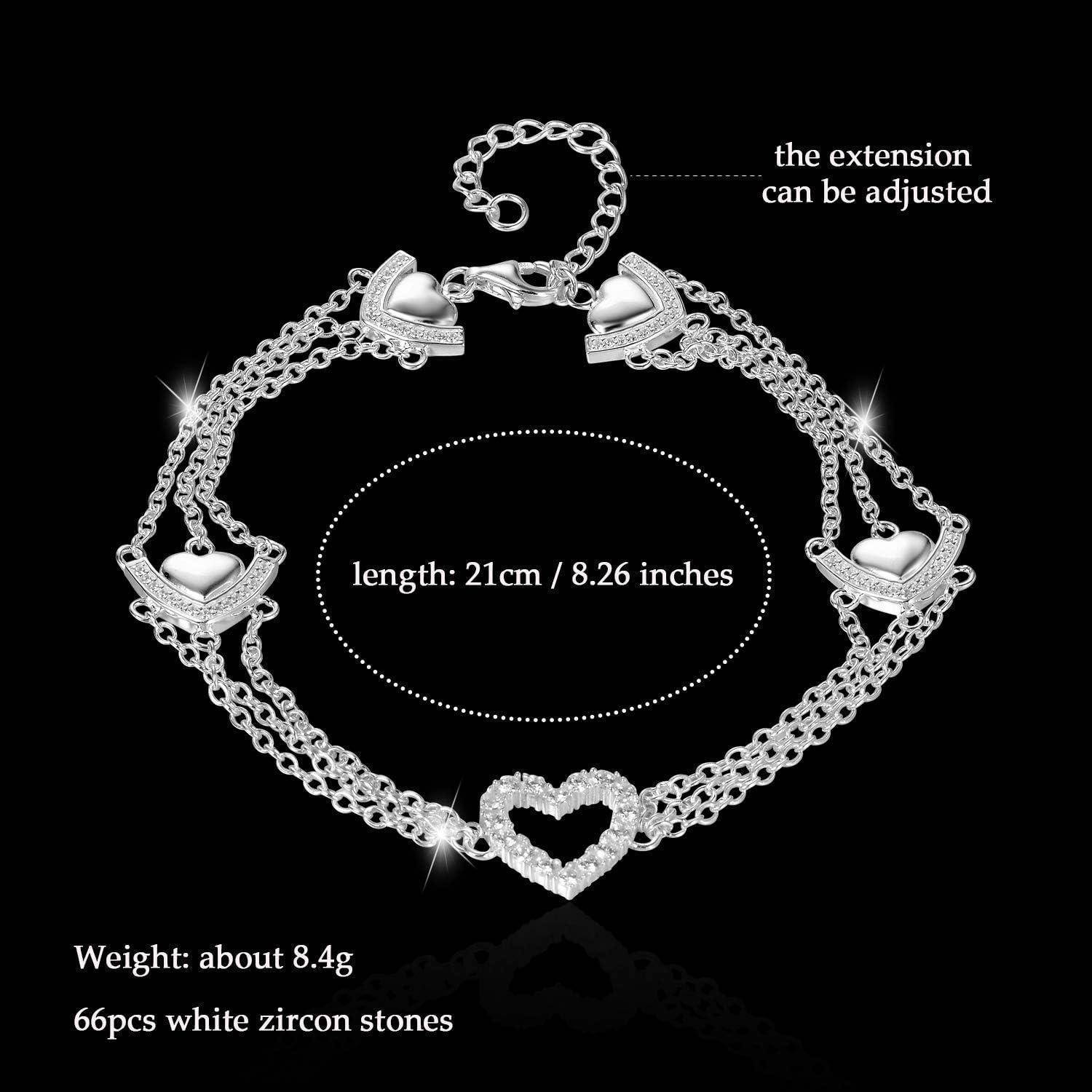 Silbernes Herzkettenarmband mit verstellbarer Verlängerung; Länge 21 cm, Gewicht etwa 8,4 g, besetzt mit 66 weißen Zirkonsteinchen.