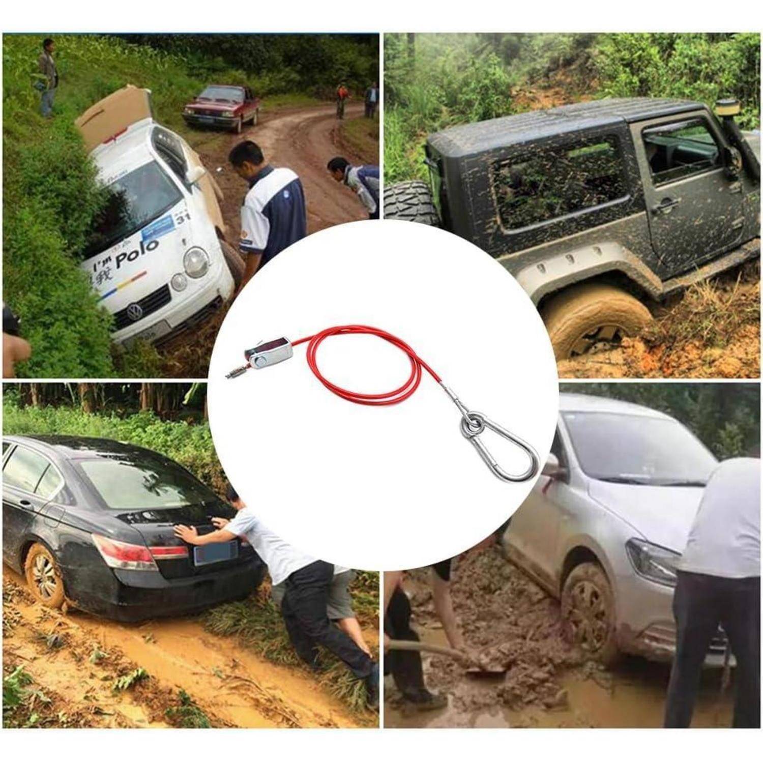 Collage von Autos, die im Schlamm auf einer unebenen Straße stecken, zentriert auf ein rotes Abschleppkabel mit Haken, das die Fahrzeugrückelung nach Geländefahrtproblemen andeutet.