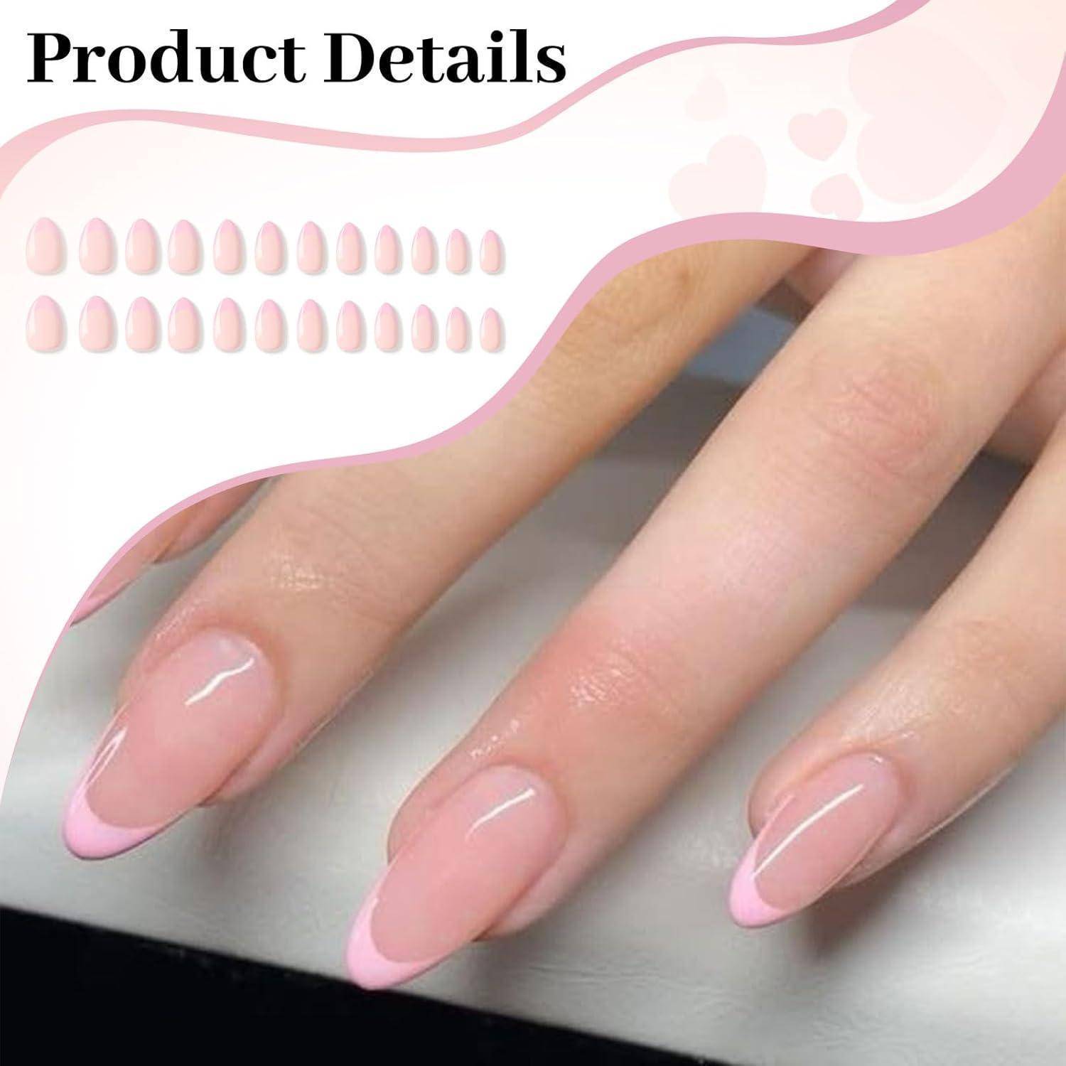 Produktdetailbild mit rosa French-Tip-Kunstnägeln und einer Nagelfarbkarte mit vielen pastellrosa Tönen.