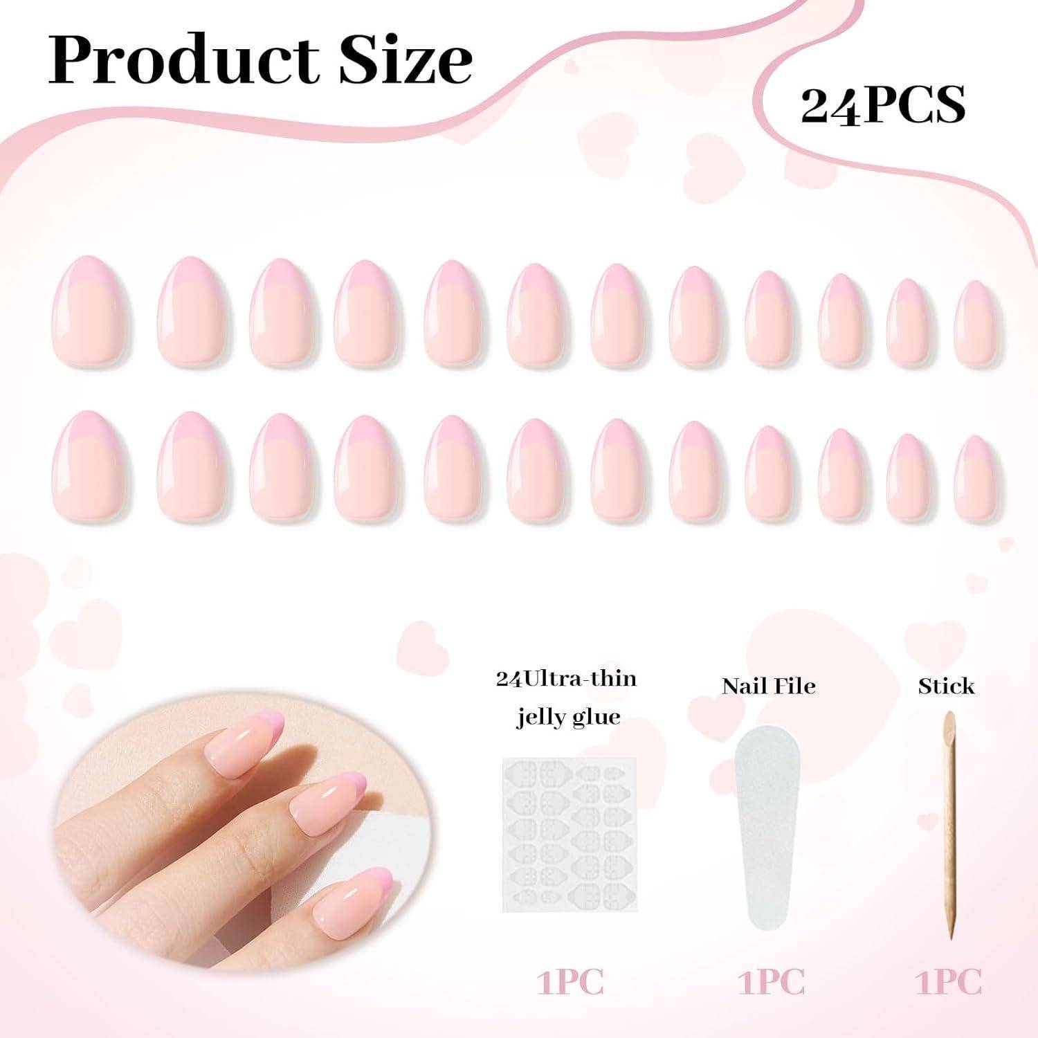Größentabelle für Produkte mit 24 rosa Druckknöpfen in mehreren Größen, plus 1 ultradünnes Gelatin-Klebeblatt, 1 Nagelfeile und 1 Stab; Einsatzfoto mit angebrachten Nägeln.