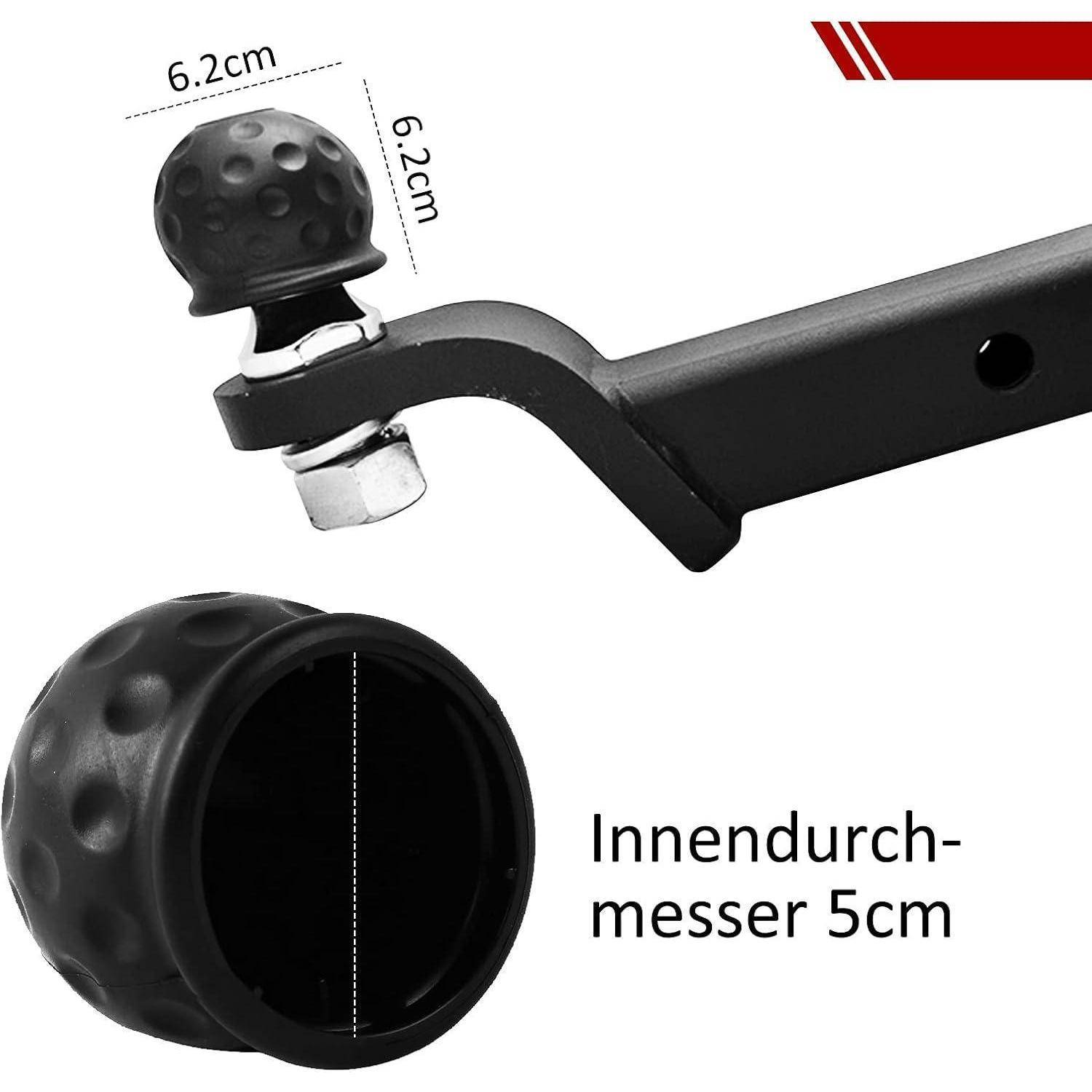 Nahaufnahme einer Anhängerkupplung mit schwarzer strukturierter Kappe, gekennzeichnet mit 6,2 cm, und einer Öffnung mit 5 cm Innendurchmesser ('Innendurchmesser 5 cm').