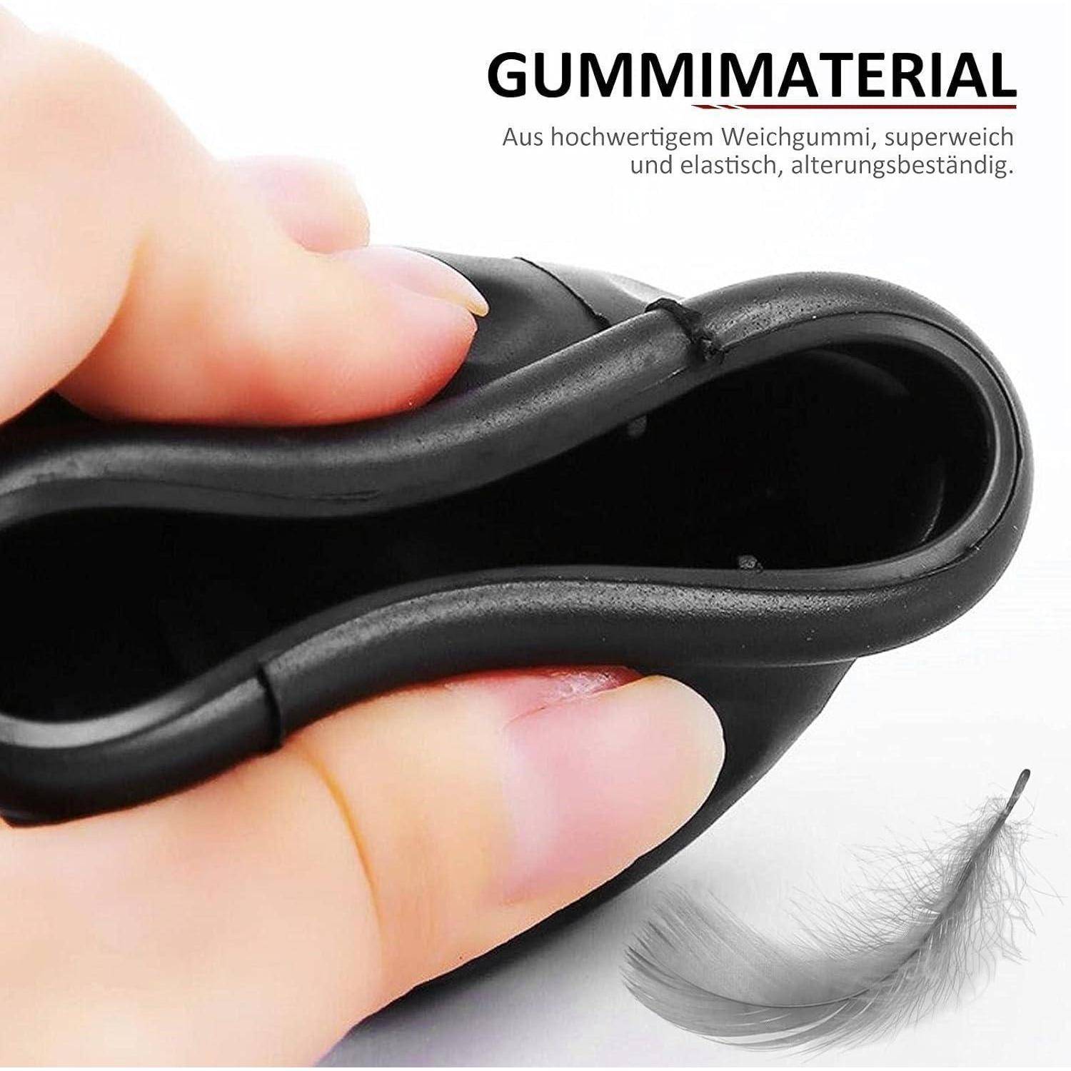 Nahaufnahme einer flexiblen schwarzen Gummiklammer, die von Fingern zusammengedrückt wird, mit dem Text „GUMMIMATERIAL