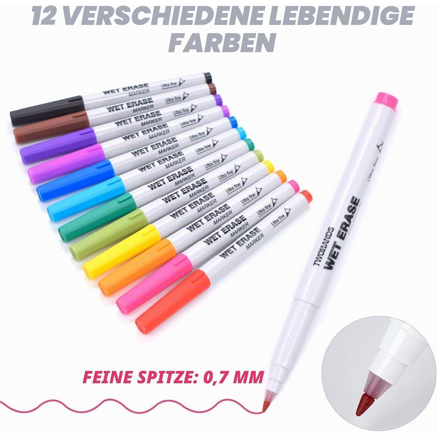Werbebild von 12 bunten Wet Erase Markern mit 0,7 mm feiner Spitze, fächerförmig angeordnet und ein vergrößerter Marker mit eingefügter Nahaufnahme der Spitze.