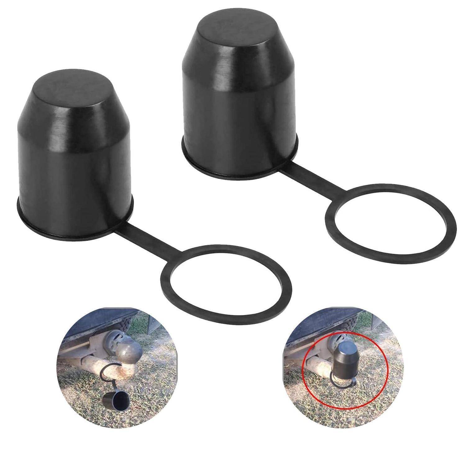 Zwei schwarze Gummikupplungsabdeckungen mit angebrachten Zugringen, gezeigt mit kleinen Fotos zur Verwendung an einer Anhängerkupplung.