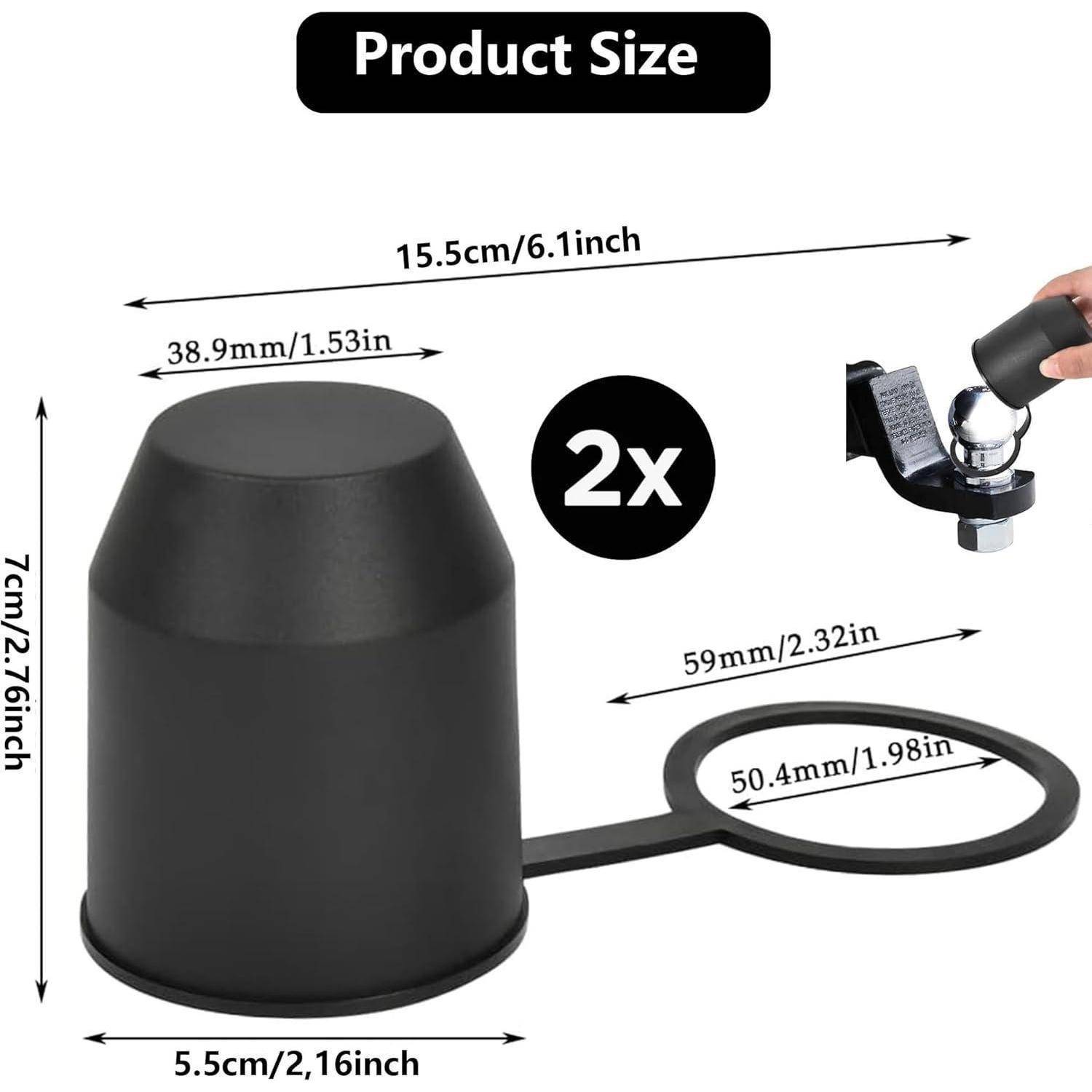 Größendiagramm für eine schwarze Schutzkappe, das Abmessungen von 7 cm Höhe und 5,5 cm Breite zeigt, mit 2x Menge und Ringbefestigungsmessungen.