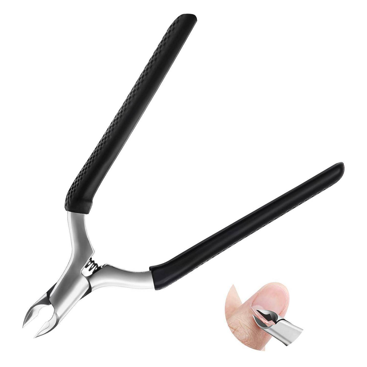 Nahaufnahme einer Nagelschere mit langen schwarzen Griffen und integriertem Auffangbehälter, dargestellt mit einem Finger-Inset, das das Schneiden an der Nagelkante demonstriert.