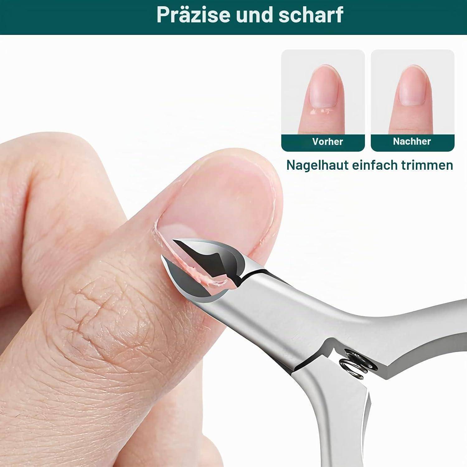 Nahaufnahme von Nagelzangen, die einen Daumennagel trimmen; deutscher Text sagt „Präzise und scharf