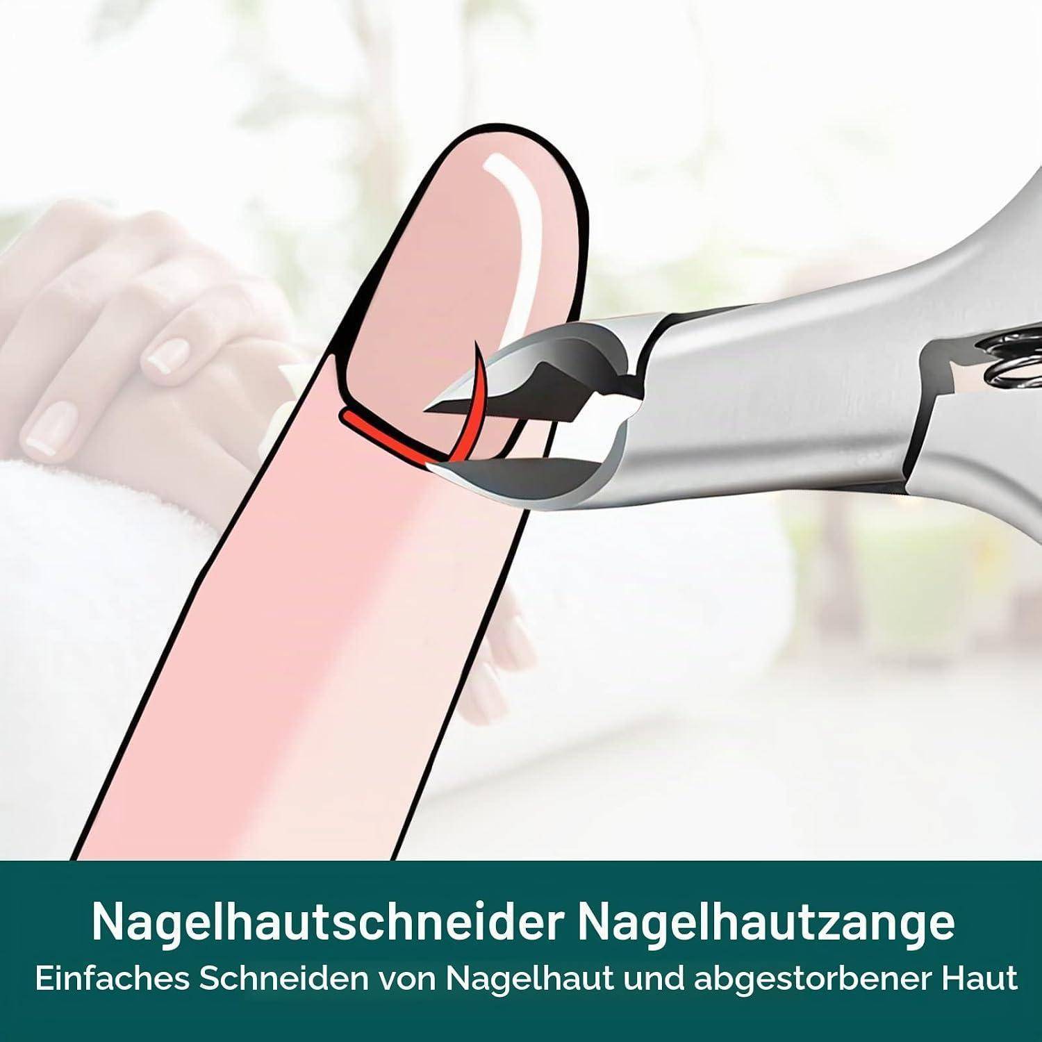 Abbildung einer Nagelhautschneider, die Nagelhaut und abgestorbene Haut auf einem Fingernagel trimmt, mit deutschem Text „Nagelhautschneider Nagelhautzange