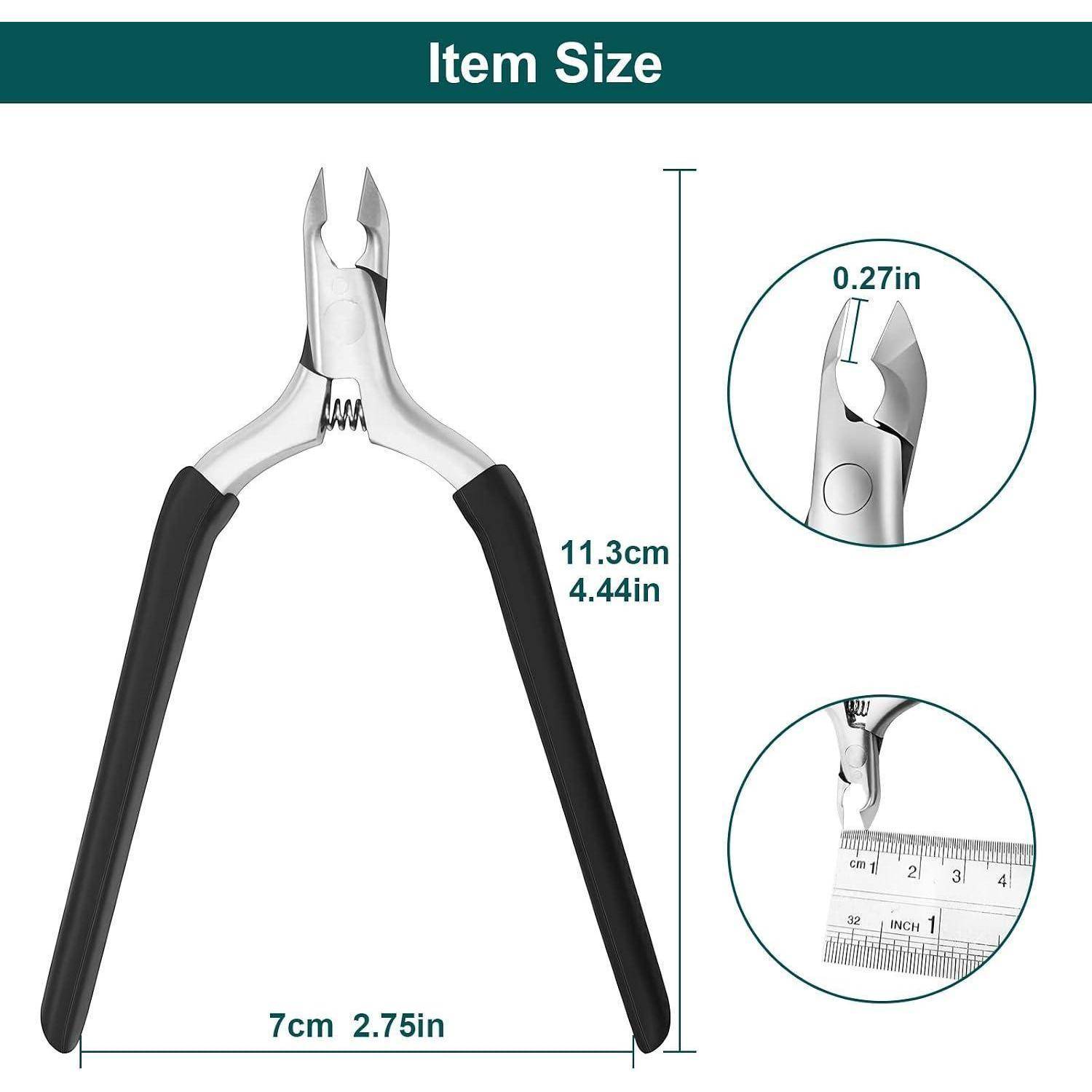 Produktgrößendiagramm von Nagelzangen/Nagelzwickern mit 11,3 cm (4,44 Zoll) Höhe, 7 cm (2,75 Zoll) Breite, mit 0,27 Zoll Backendetail und Linealvergleich.