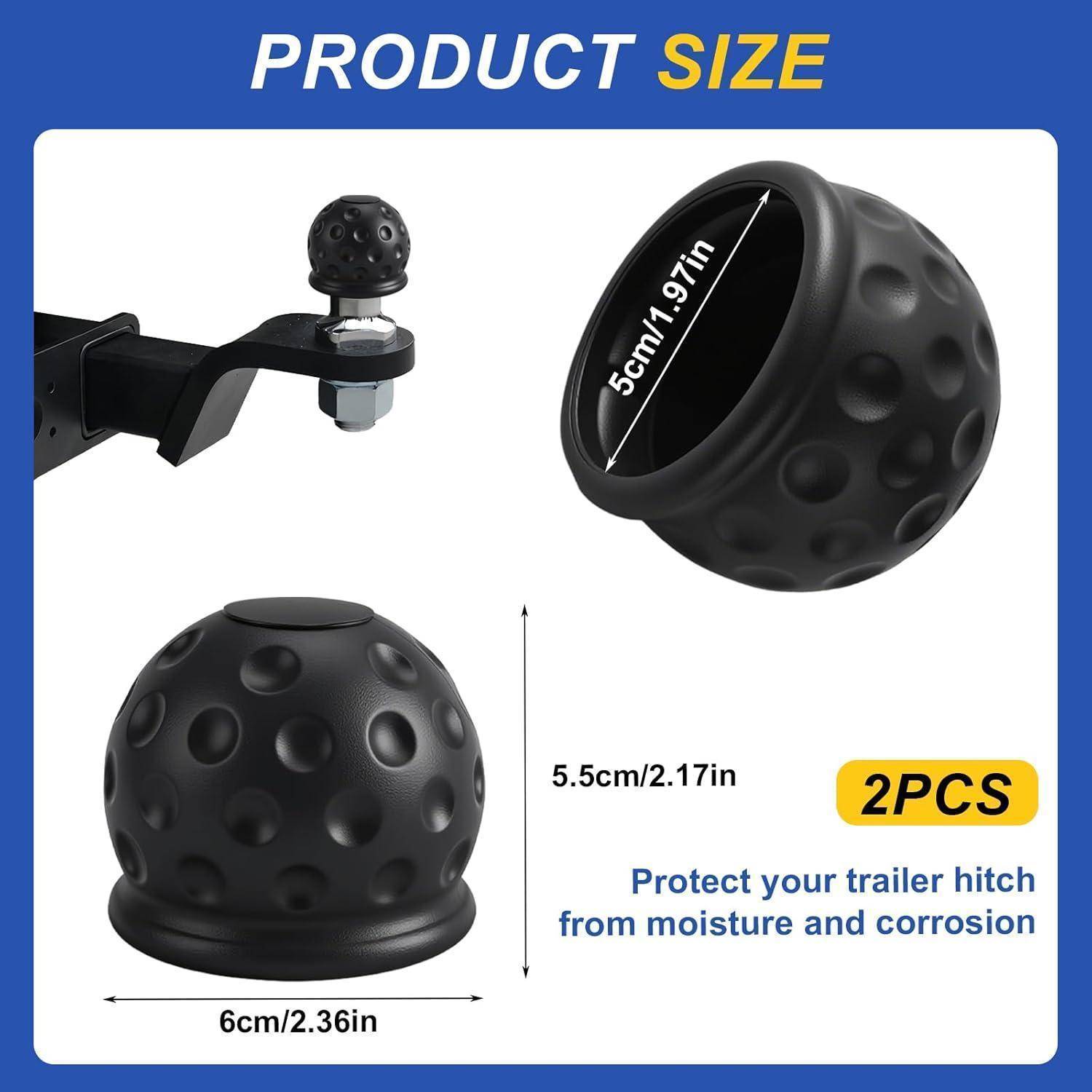 Produktgrößen-Grafik für eine Anhängerkupplungsabdeckung: schwarze gewölbte Kappe passt auf 5 cm/1,97 Zoll Öffnung, 6 cm/2,36 Zoll breit und 5,5 cm/2,17 Zoll hoch; wird als 2 Stück verkauft, schützt vor Feuchtigkeit und Korrosion.