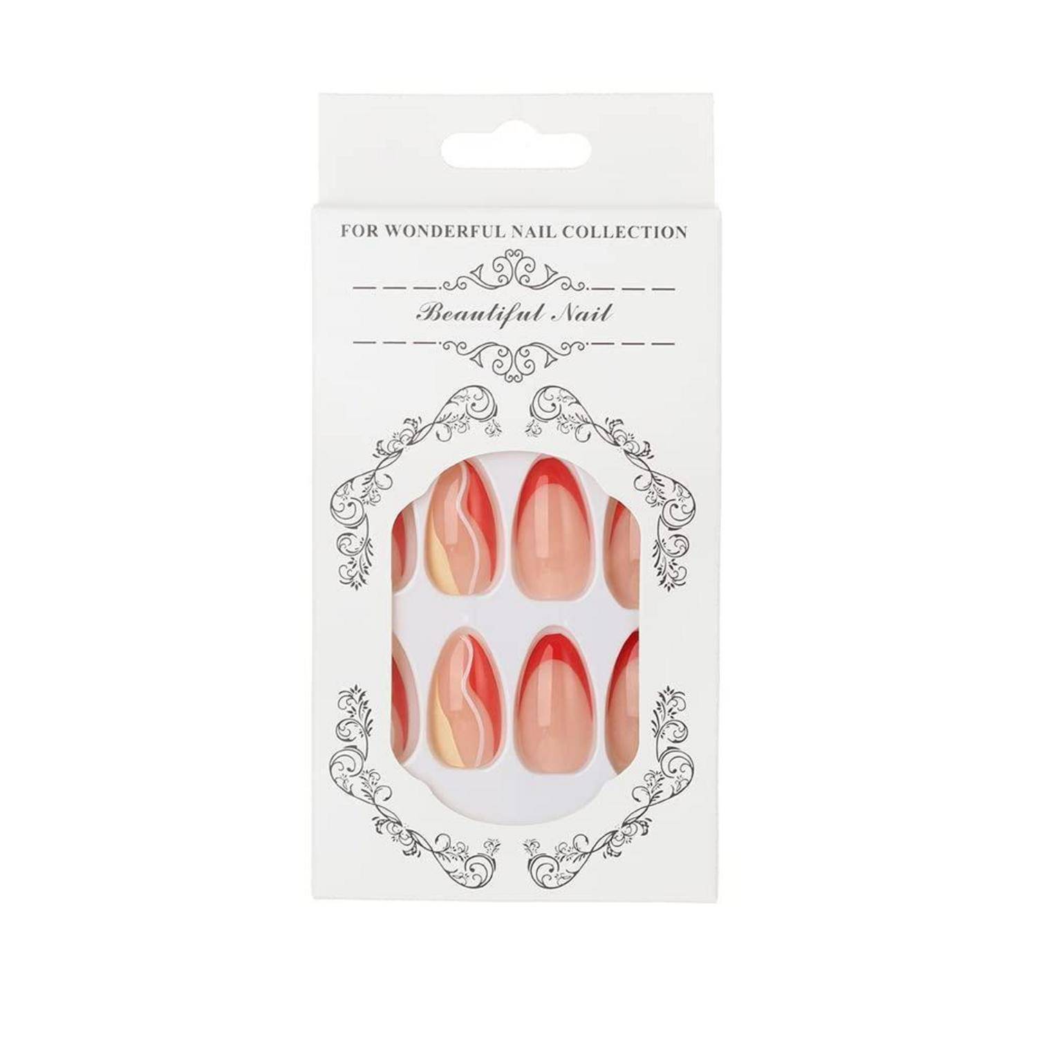 Packung mit dekorativen künstlichen Nägeln mit roten und hautfarbenen Wirbel-Designs, beschriftet mit „FÜR WUNDERBARE NAGELKOLLEKTION
