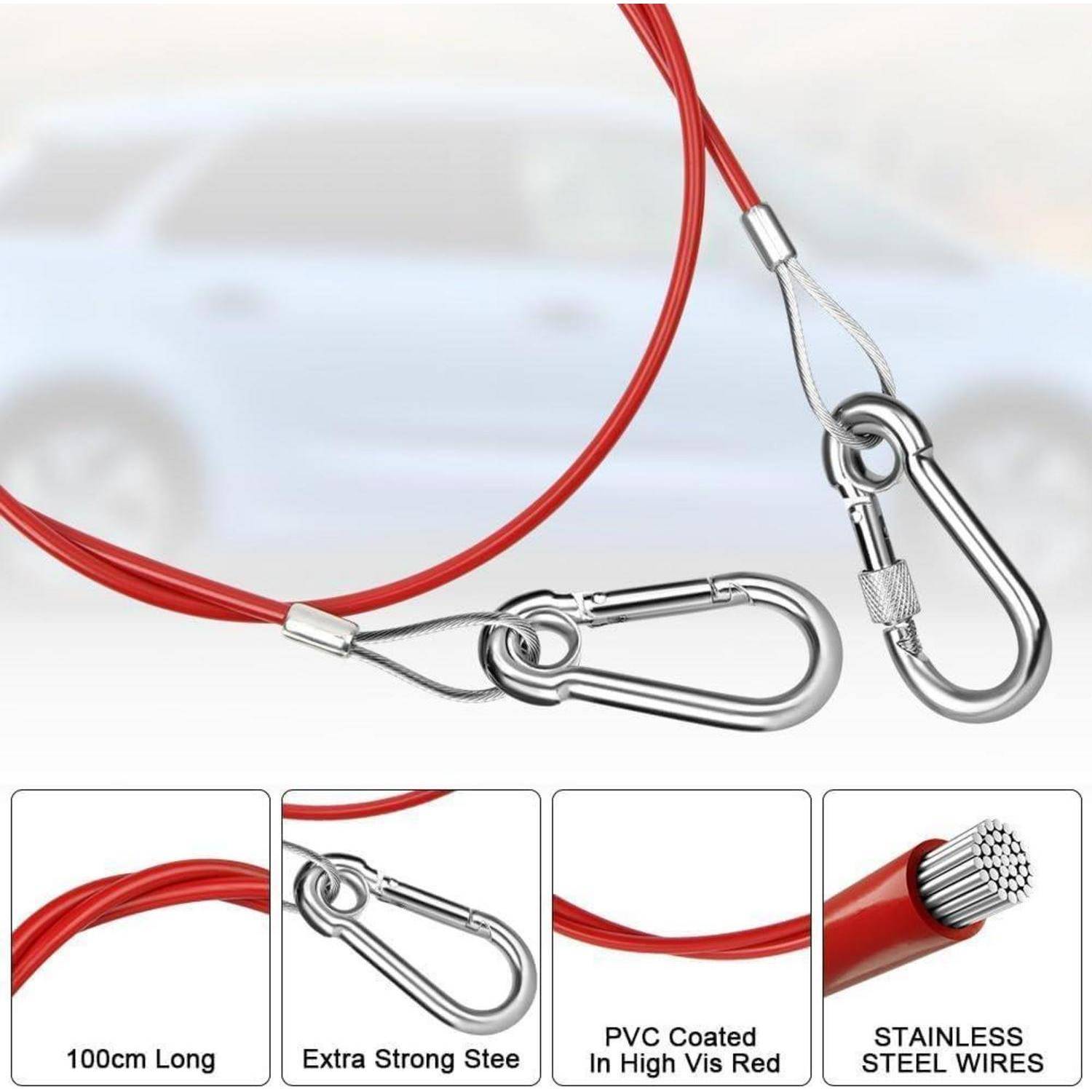 Rote isolierte Stahlseile mit Karabinerhaken, dargestellt mit eingefügten Beschriftungen: 100 cm lang, extra starker Stahl, PVC-beschichtet, rostfreies Stahlseil.
