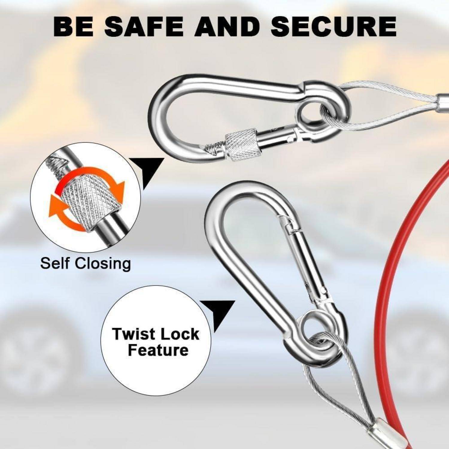 Sicherheitsgrafik eines Karabiners und Seils, beschriftet mit „SICHER UND GESCHÜTZT