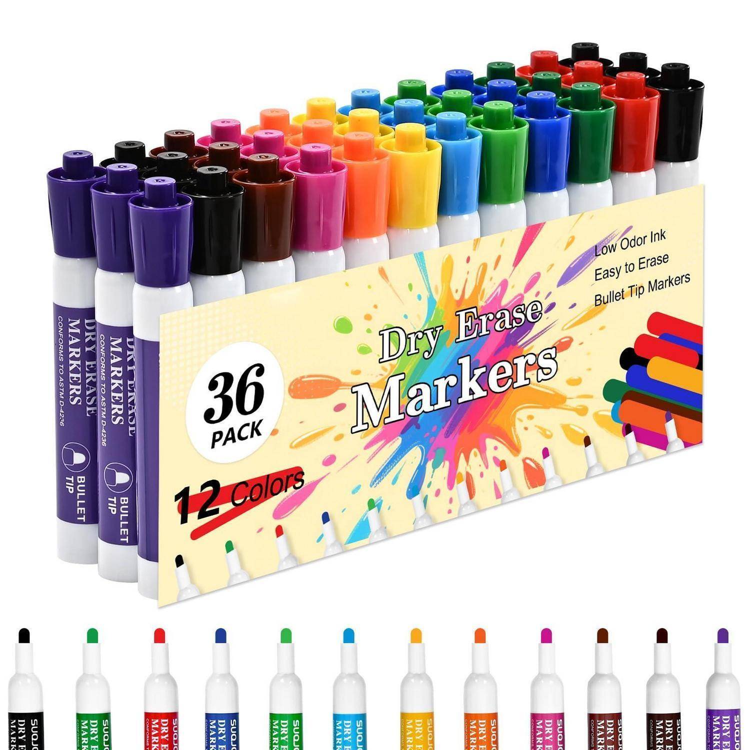 Packung mit 36 Whiteboard-Markern mit Kugelspitzestift in 12 Farben, dargestellt mit Reihen von farbigen Markerkappen und Produktverpackung mit der Beschriftung „Dry Erase Markers