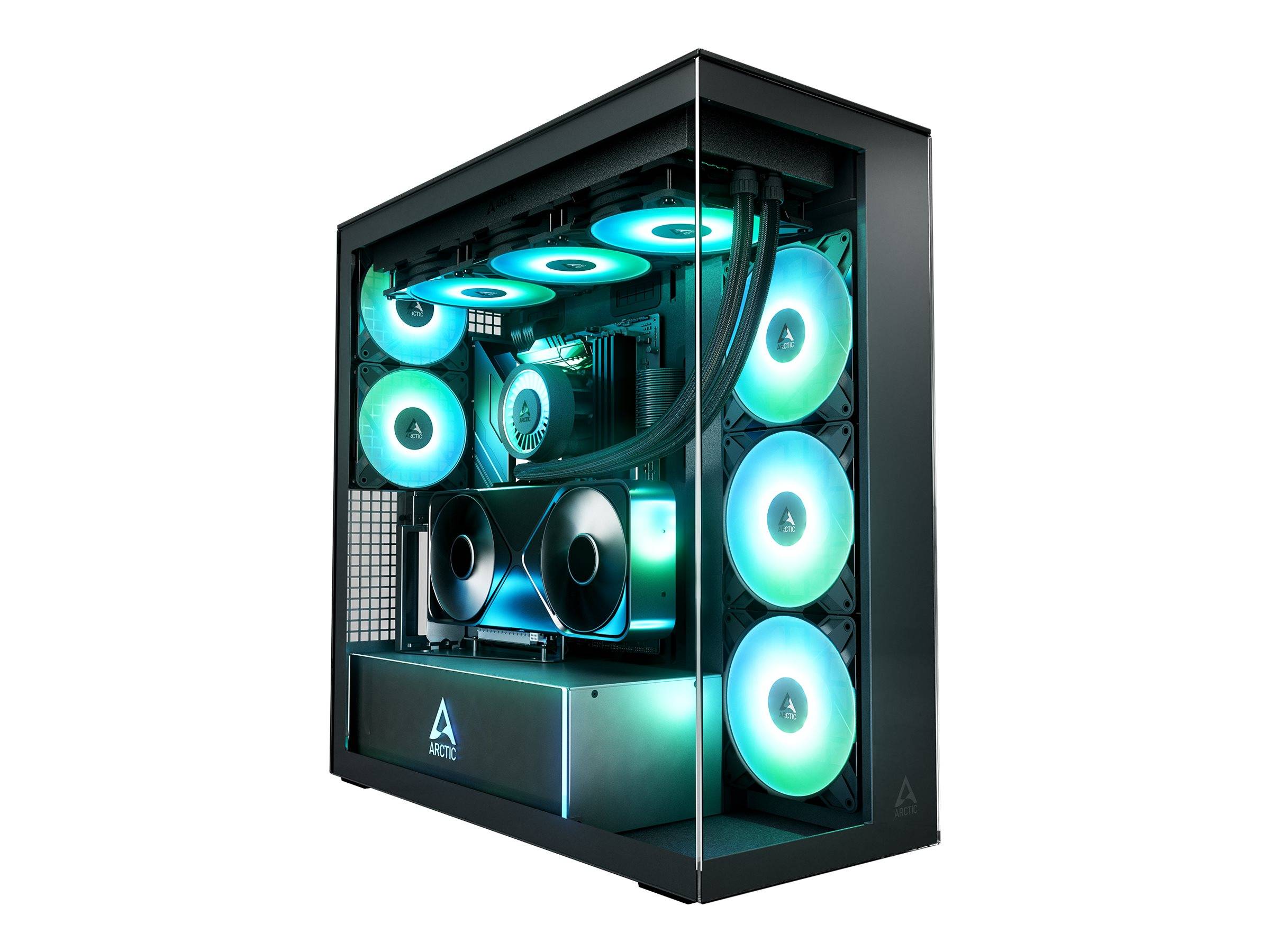 Ein schwarzes Gaming-PC-Gehäuse mit blaugrün beleuchteten internen Komponenten und mehreren RGB-Lüftern, gezeigt in einem transparenten Seitenansicht-Gehäuse.