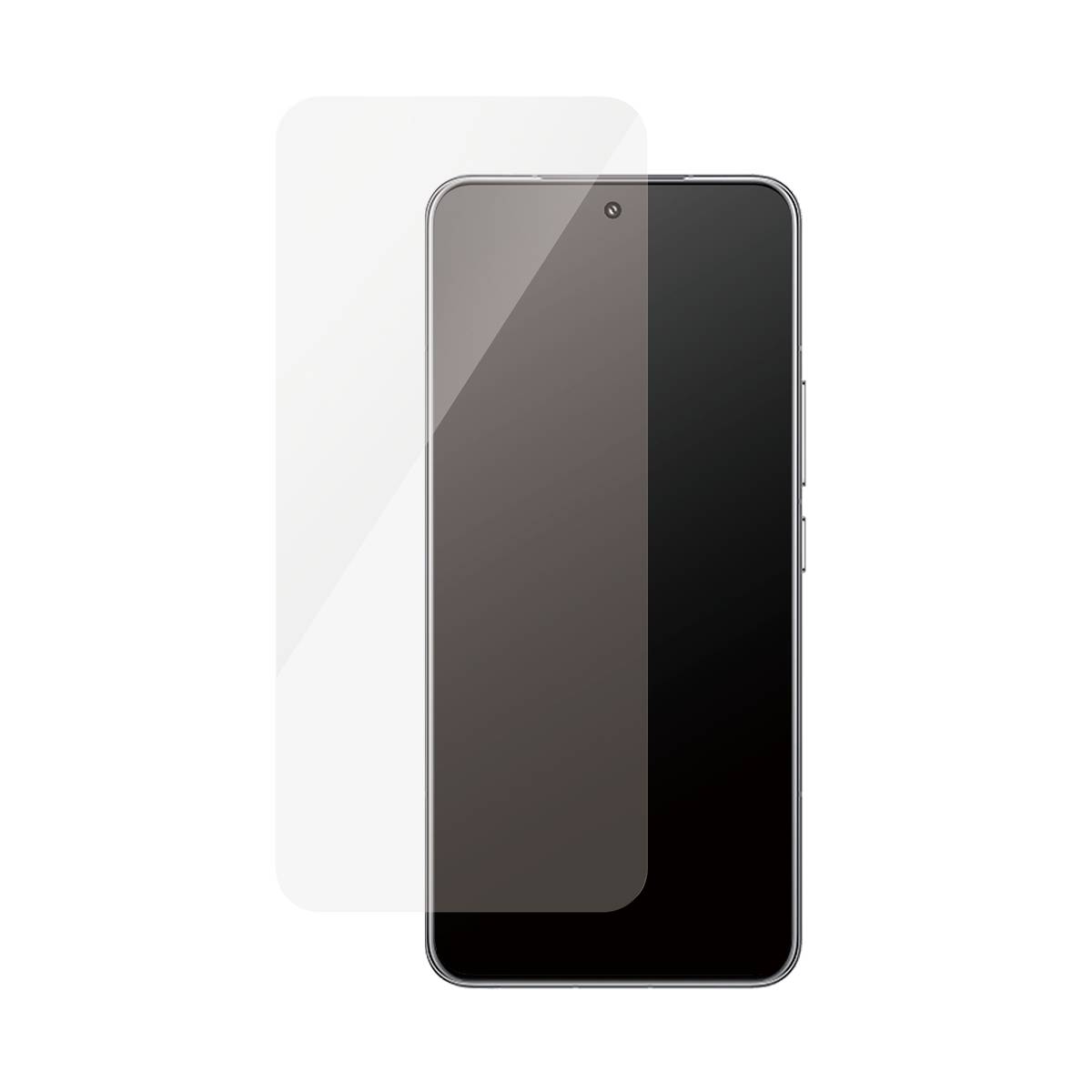 Ein schwarzes Smartphone in Frontansicht mit einer transparent angebrachten Displayschutzfolie dahinter auf weißem Hintergrund.