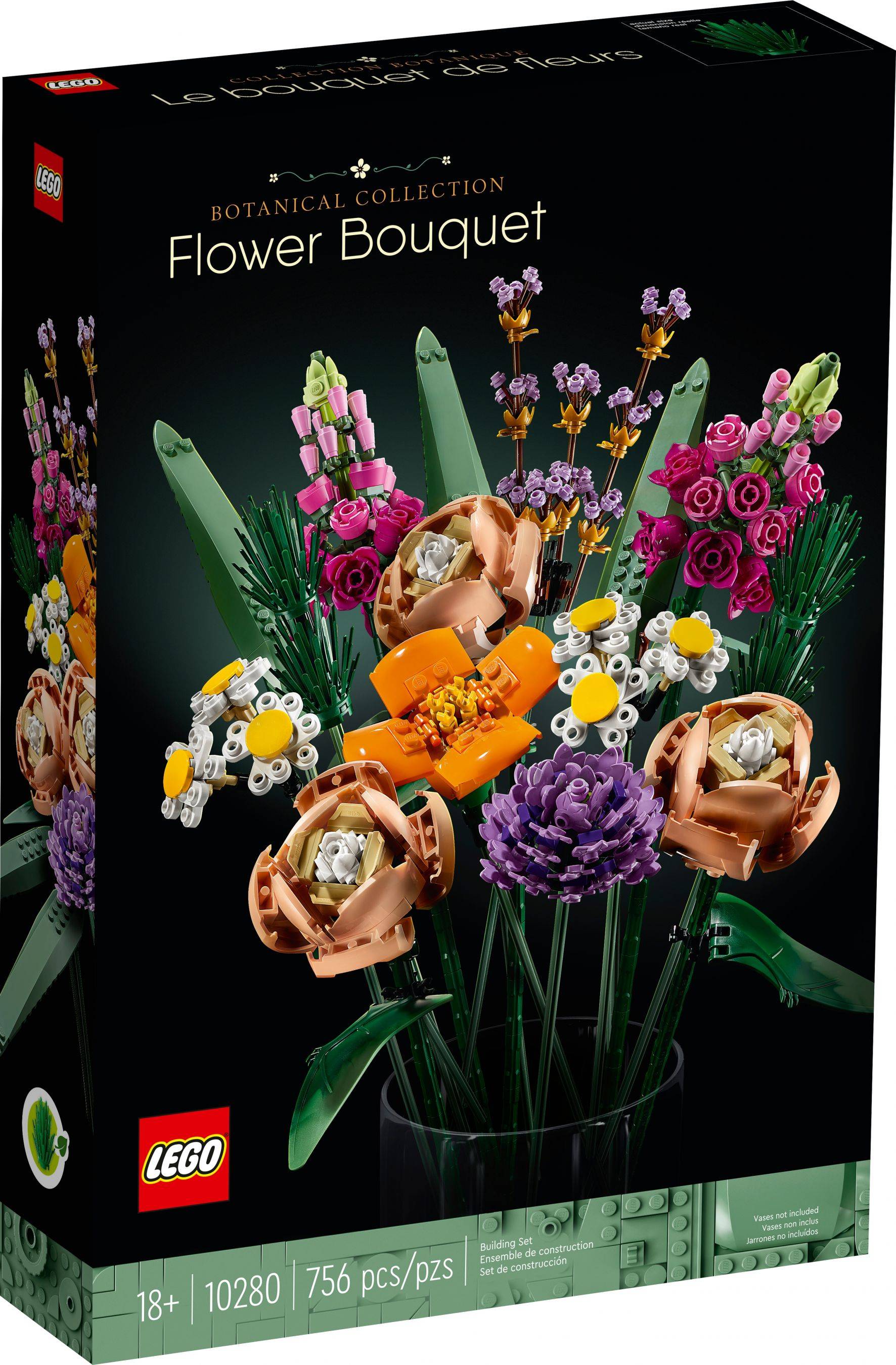 LEGO Botanicals Blumenstrauß-Set mit bunter Blumenanordnung auf der Verpackung, mit Angaben zu 18+ und 756 Teilen.