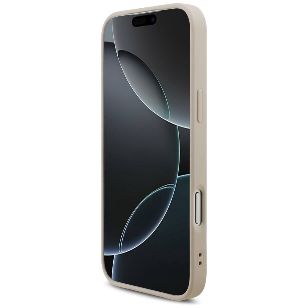 Beige-farbige Smartphone-Hülle auf einem Telefon-Mockup, mit großem Bildschirmausschnitt und Seitenknopfausschnitten, mit dunkler abstrakter Tapete auf dem Display.
