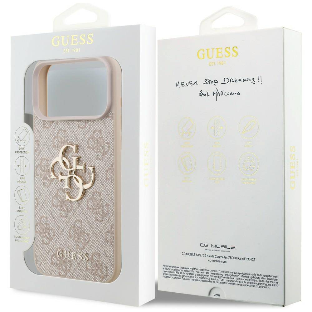Guess Handyhüllenschachteln von vorne und hinten gezeigt, mit beige Monogramm-Hülle und goldenem Logo im klaren Fenster, plus handschriftlichem 