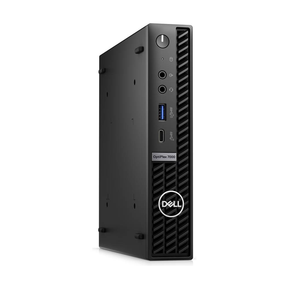 Dell OptiPlex 7000 kompakter Desktop-Tower, Vorderansicht, mit Netzschalter, USB-Anschlüssen, Audio-Buchsen und Dell-Logo.