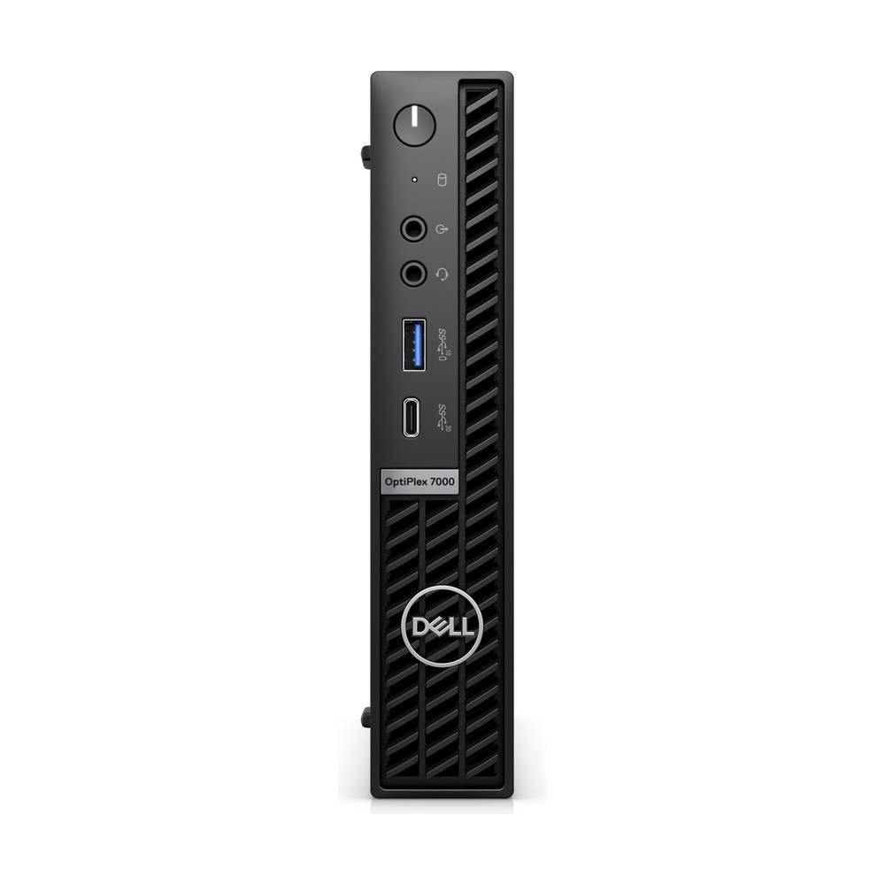 Vorderansicht eines Dell OptiPlex 7000 Small-Desktop-Towers mit Stromknopf, Audiobuchsen, USB-Anschlüssen und Dell-Logo auf einem schwarzen belüfteten Frontpanel.