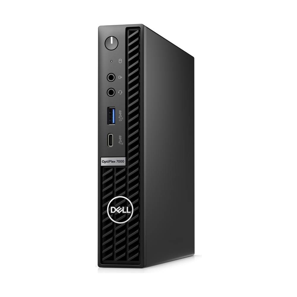 Dell OptiPlex 7000 Desktop-Turm im Small-Form-Factor-Design, in Frontansicht mit Power-Taste, USB-Anschlüssen, Audio-Buchsen und Dell-Logo.