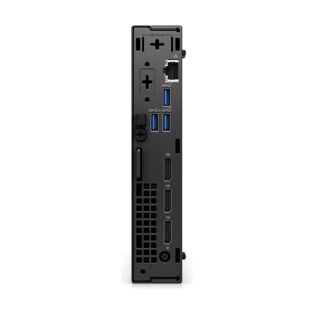 Rückseite eines kompakten Desktop-PCs mit der rückseitigen Ein-/Ausgabeleiste mit Ethernet, mehreren USB-Anschlüssen, Videoausgängen, Belüftung und Stromstecker.