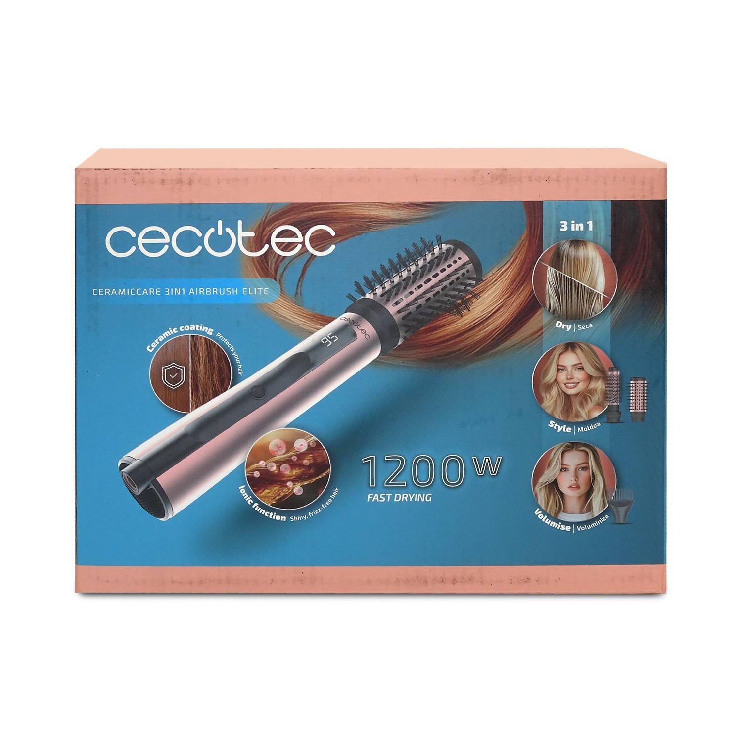 Cecotec CeramicCare 3in1 Airbrush Elite Haartrockner-Verpackung mit dem Gerät, 1200W schnelle Trocknung, 3-in-1-Funktionen und Beispiele für Haarstyling-Ergebnisse.