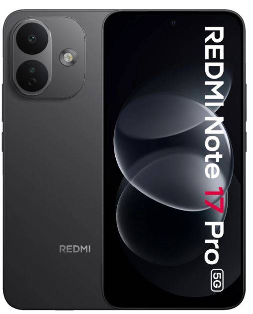 Schwarzes Redmi Note 17 Pro 5G Smartphone von vorne und hinten gezeigt, mit Dual-Rückkameras und 