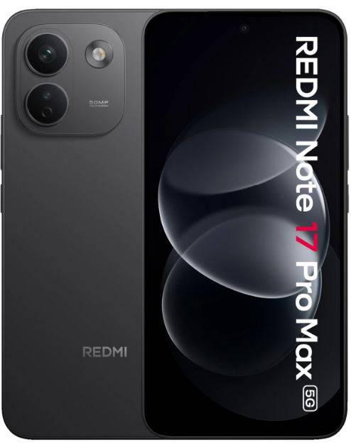 Redmi Note 17 Pro Max 5G Smartphone, von vorne und hinten gezeigt, mit dualen Rückkameras und großer Display-Branding.
