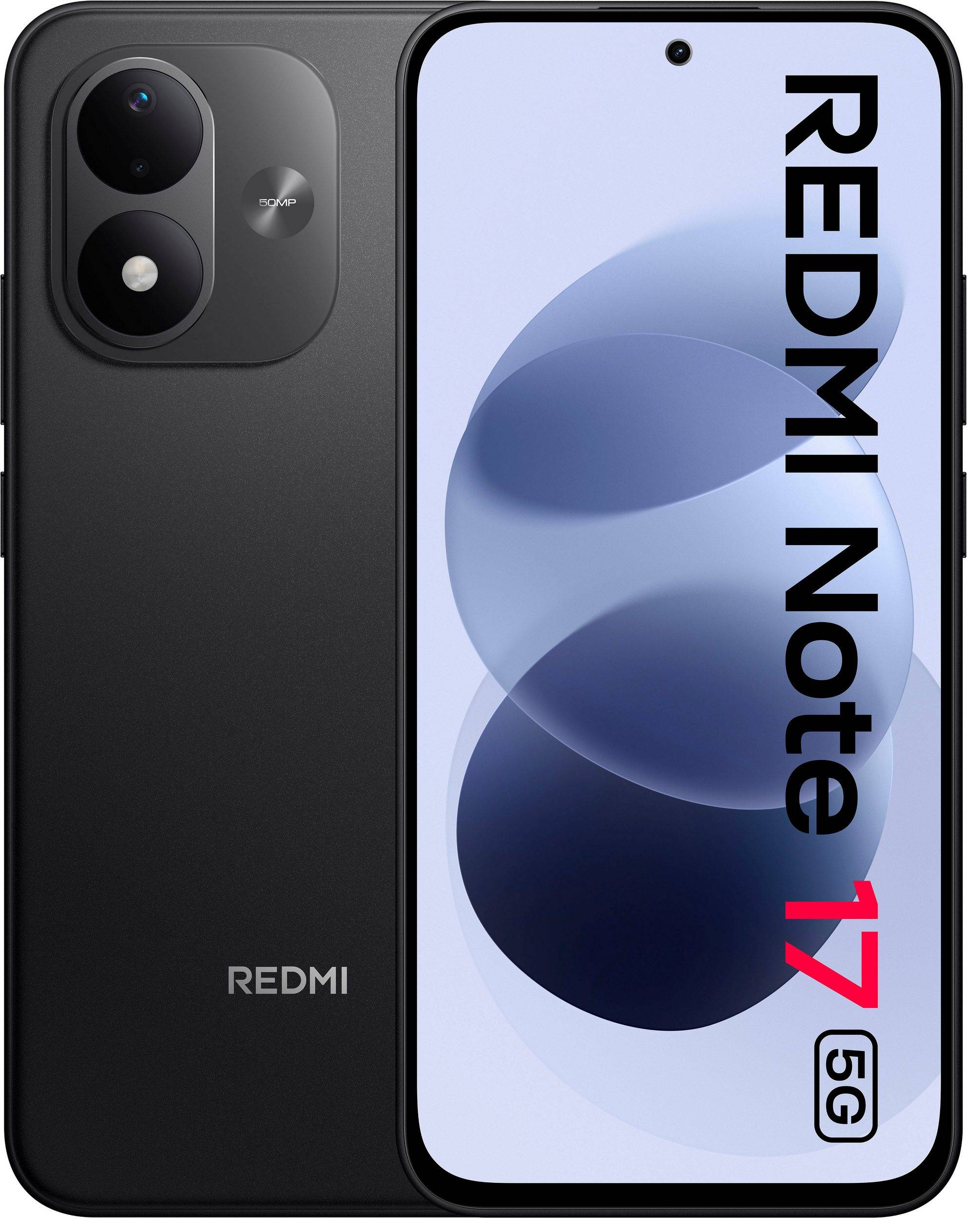 Schwarzes Redmi Note 17 5G Smartphone, von vorne und von hinten dargestellt, mit Dual-Rückkameras und einem Bildschirm, auf dem 