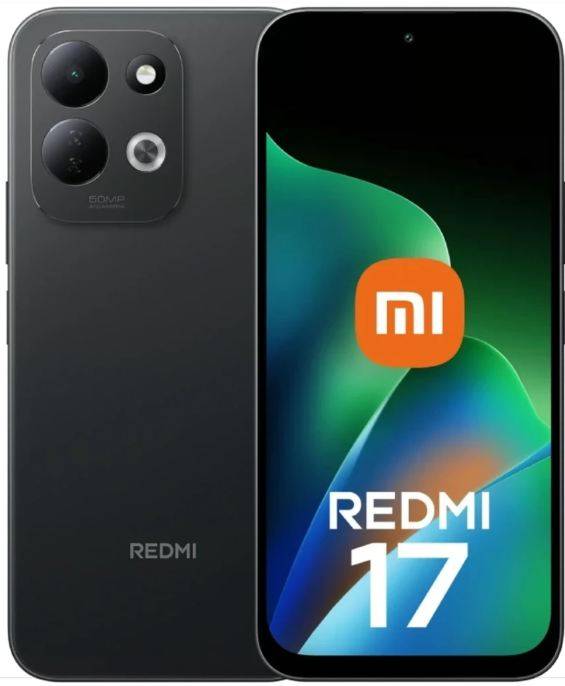 Vorder- und Rückansichten eines schwarzen Redmi 17 Smartphones, das das hintere Kameramodul und den vorderen Bildschirm mit dem Mi-Logo und dem Text „REDMI 17