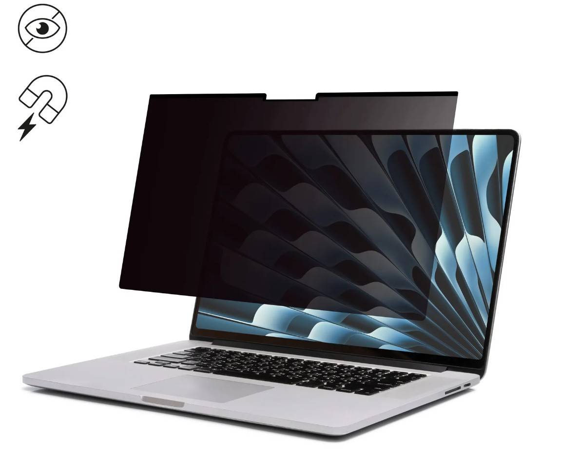 Laptop mit einem Datenschutz-Displayschutz, der die Anzeige bei seitlicher Betrachtung verdunkelt, mit Auge- und Magnet-Symbolen, die Datenschutz und magnetische Befestigung anzeigen.