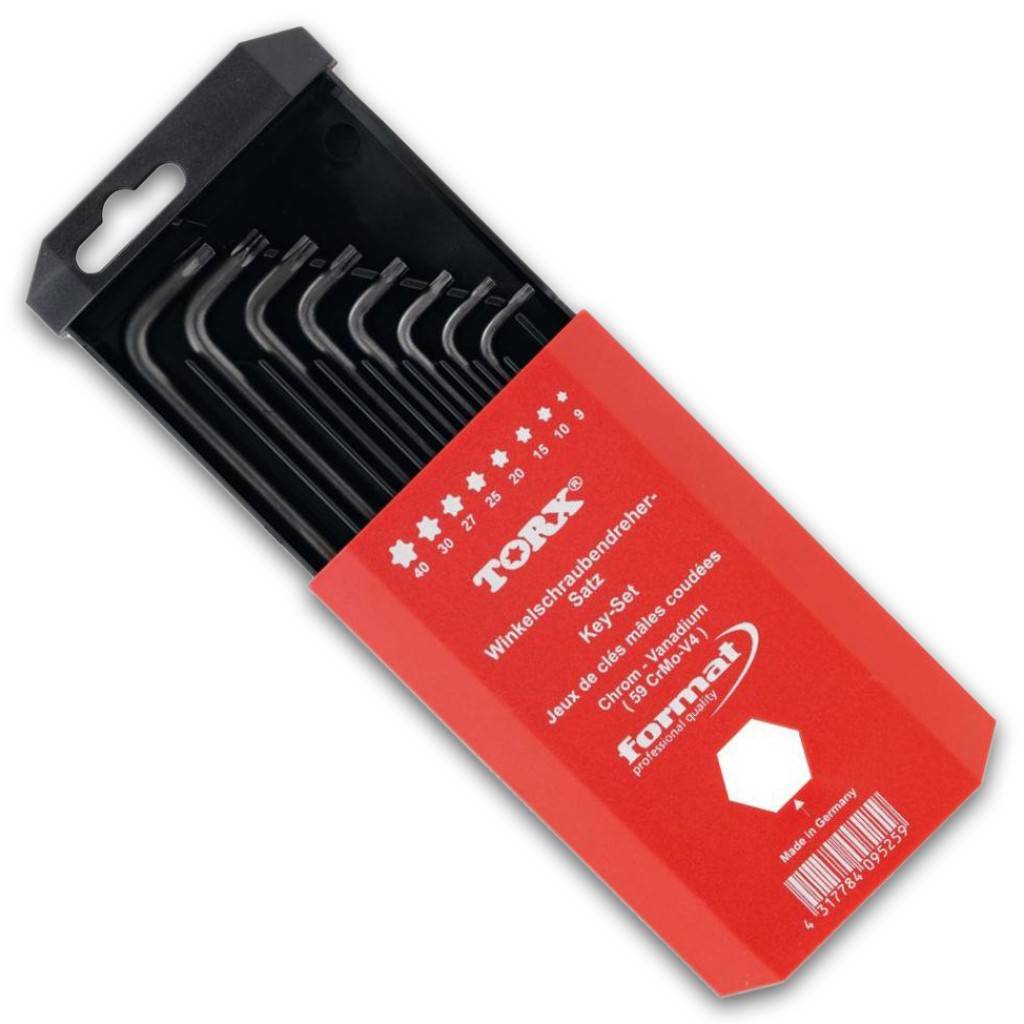 Satz von Torx-Schlüsseln in einer rot-schwarzen Einzelhandelsverpackung, nach Größe sortiert für sternförmige Befestigungselemente.